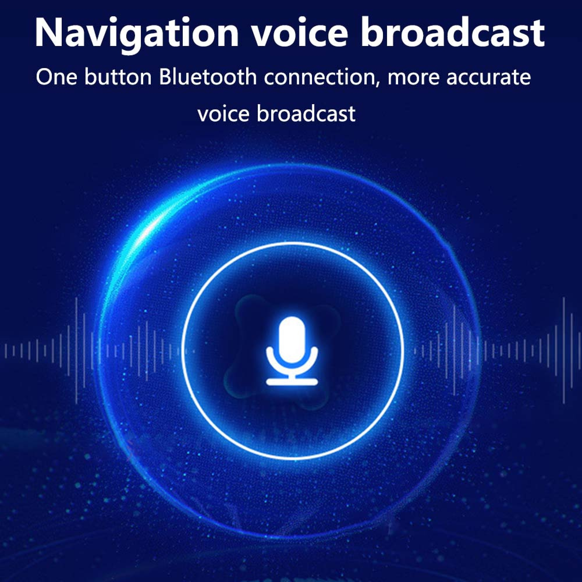 Blaues Bild mit weißem Mikrofon-Symbol und Audiowellen für Navigation.