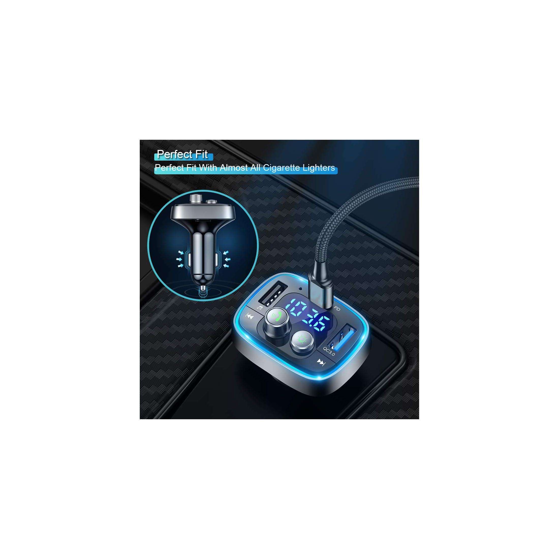Bluetooth-Autoadapter mit Display, USB-Anschlüssen und blauer Beleuchtung.