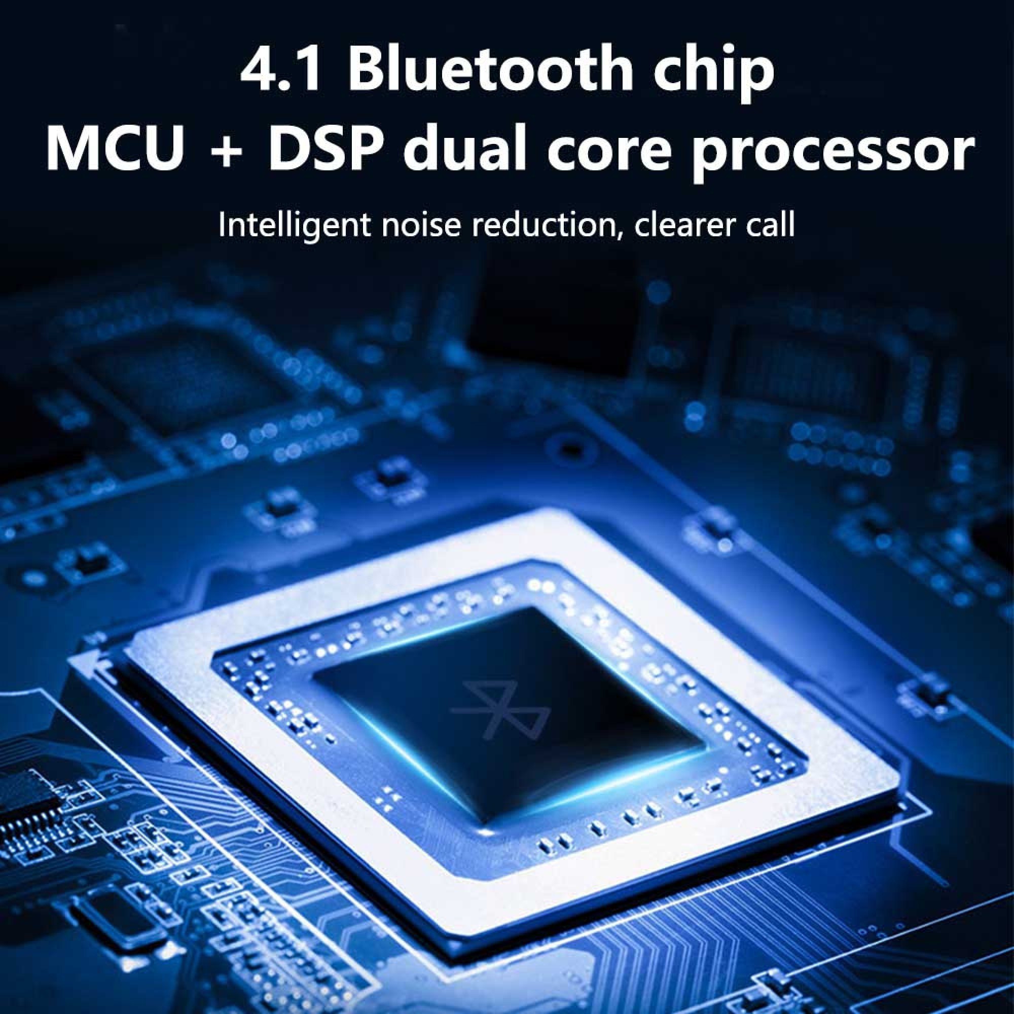 Ein Bluetooth-Chip auf einer Platine mit Text darüber zu Rauschunterdrückung und Dual-Core-Prozessor.