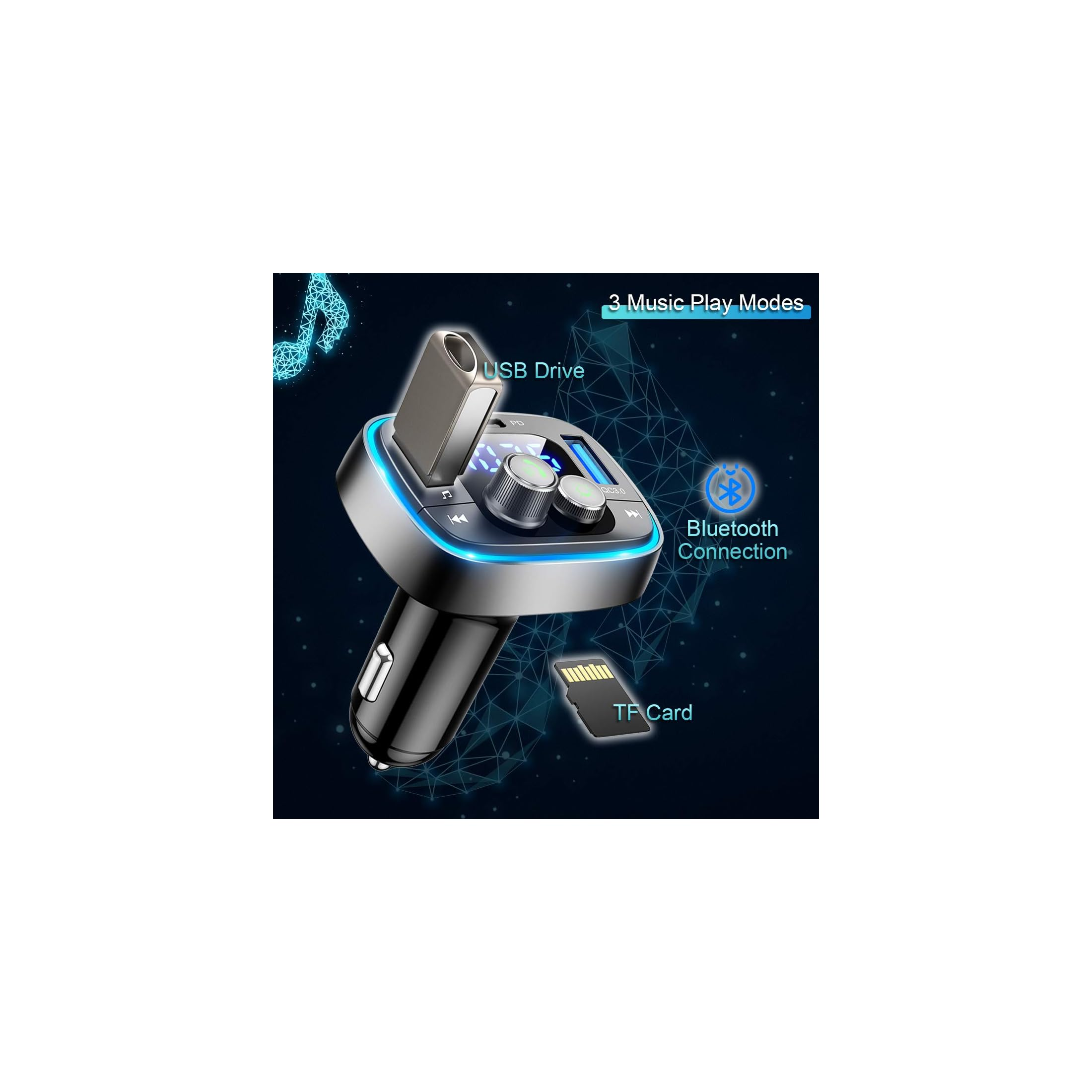 Auto Bluetooth FM-Sender mit USB-Laufwerk, TF-Karte und Steuertasten vor blauem Hintergrund.