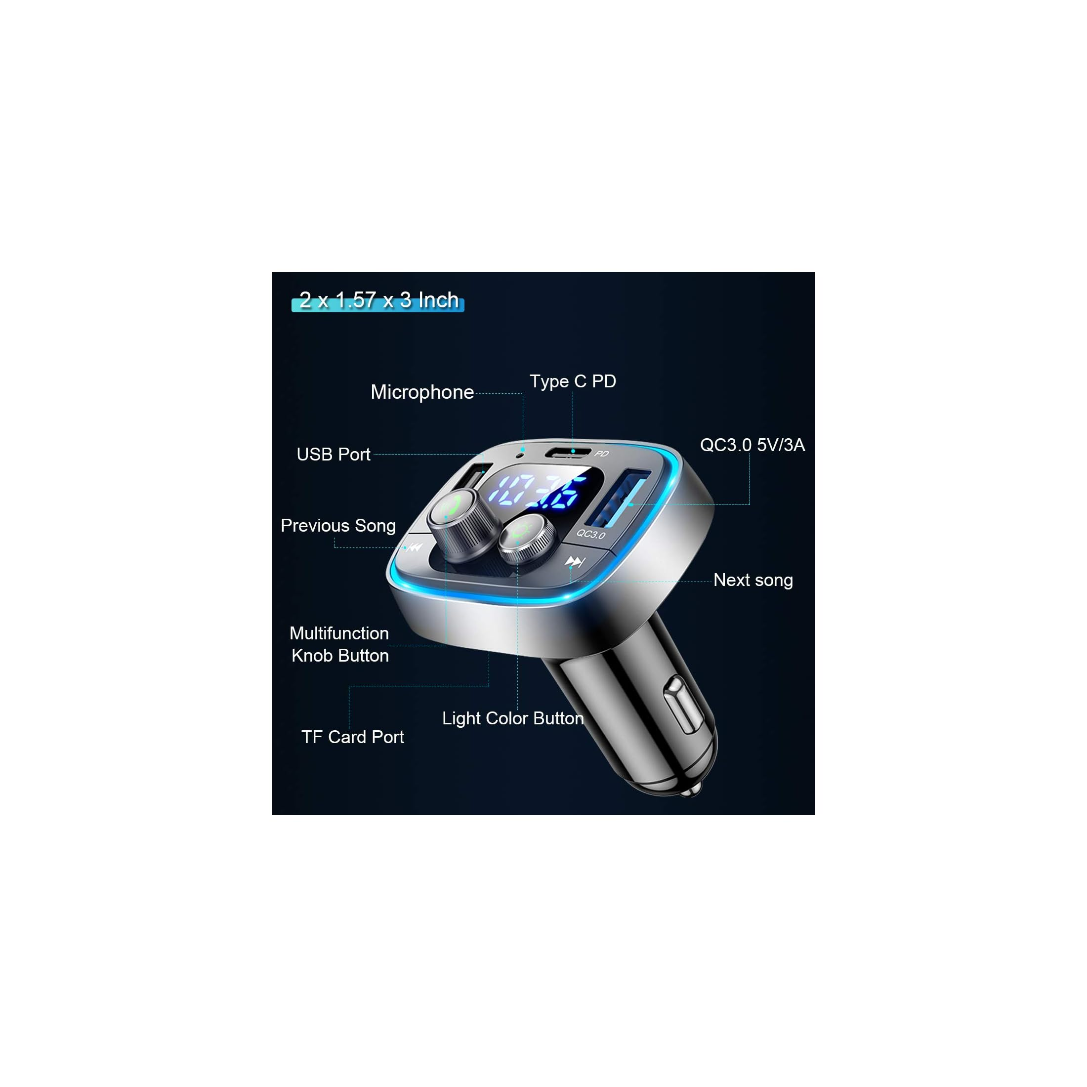 Ein Diagramm eines Bluetooth-Autoladegeräts mit Anschlüssen, Knöpfen und blauem LED-Display.