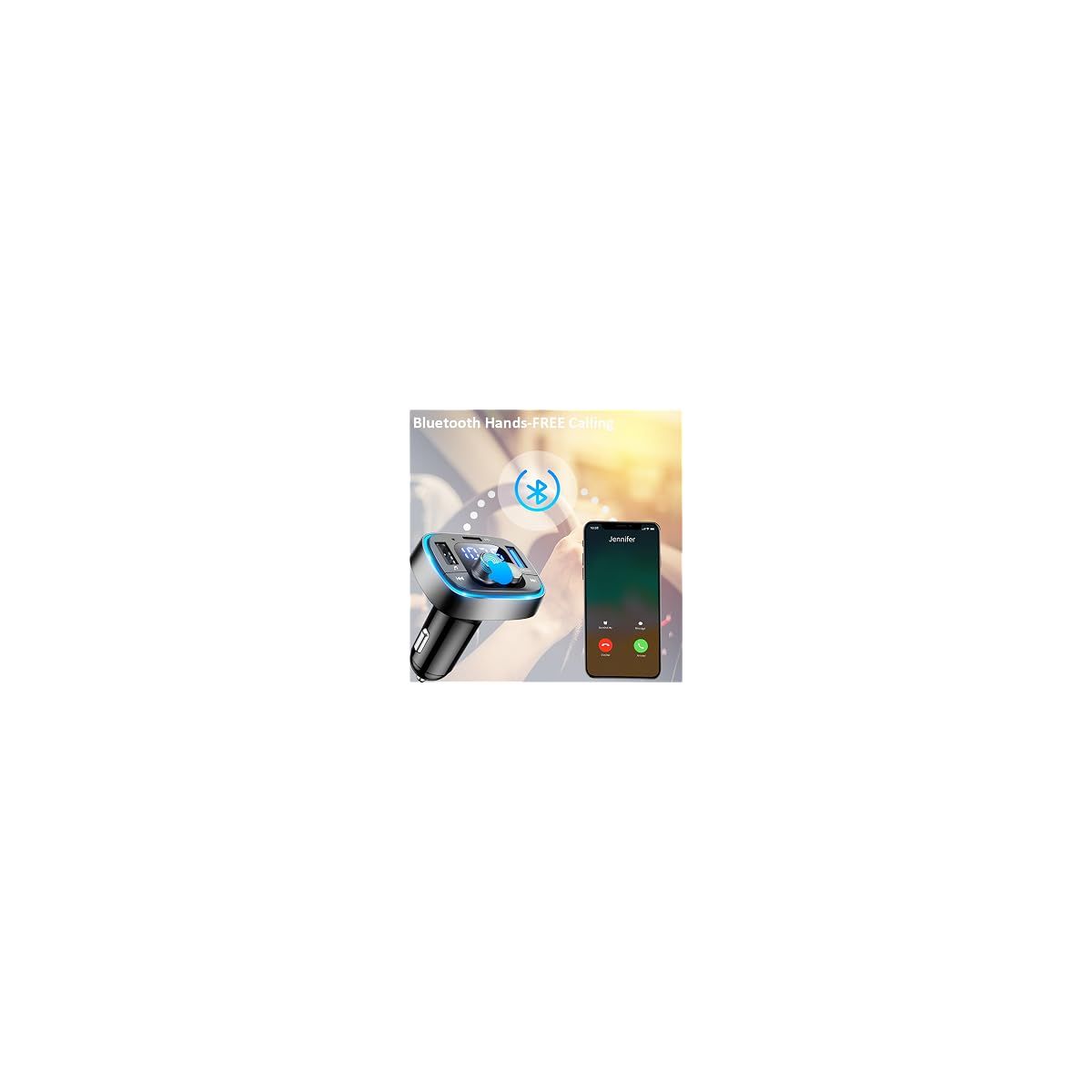 Bluetooth-Autoadapter mit Display und Smartphone für Freisprechanrufe.