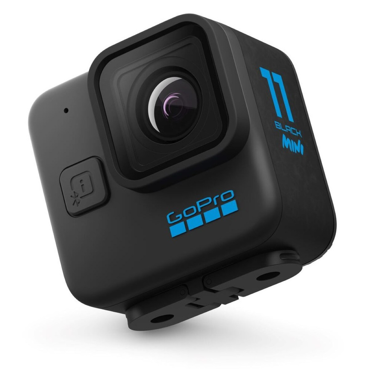 Eine schwarze GoPro Hero 11 Black Mini Actioncam mit blauen Akzenten auf weißem Hintergrund.
