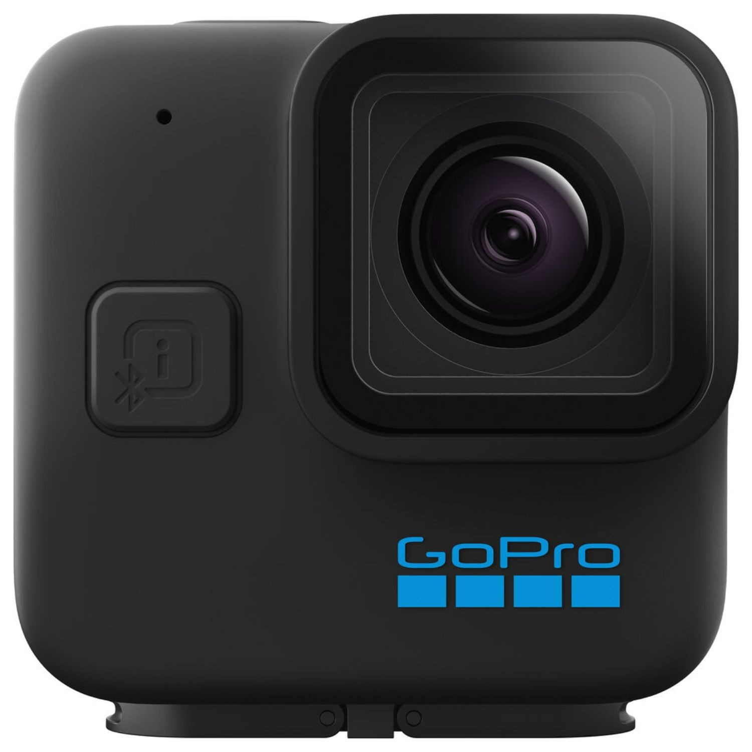 Schwarze GoPro-Kamera mit blauer Aufschrift und runder Linse vor weißem Hintergrund.