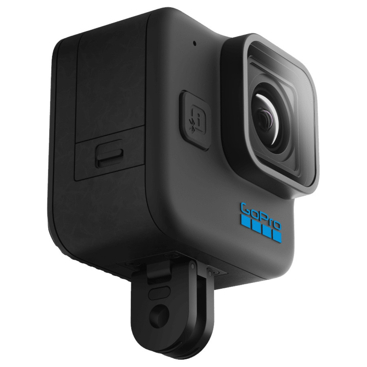 Schwarze GoPro-Kamera mit Linse, blauem Logo und ausklappbarer Halterung unten.