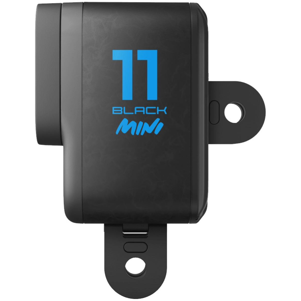 Schwarze GoPro Hero 11 Black Mini Kamera mit blauer Aufschrift und zwei klappbaren Halterungen auf weißem Grund.