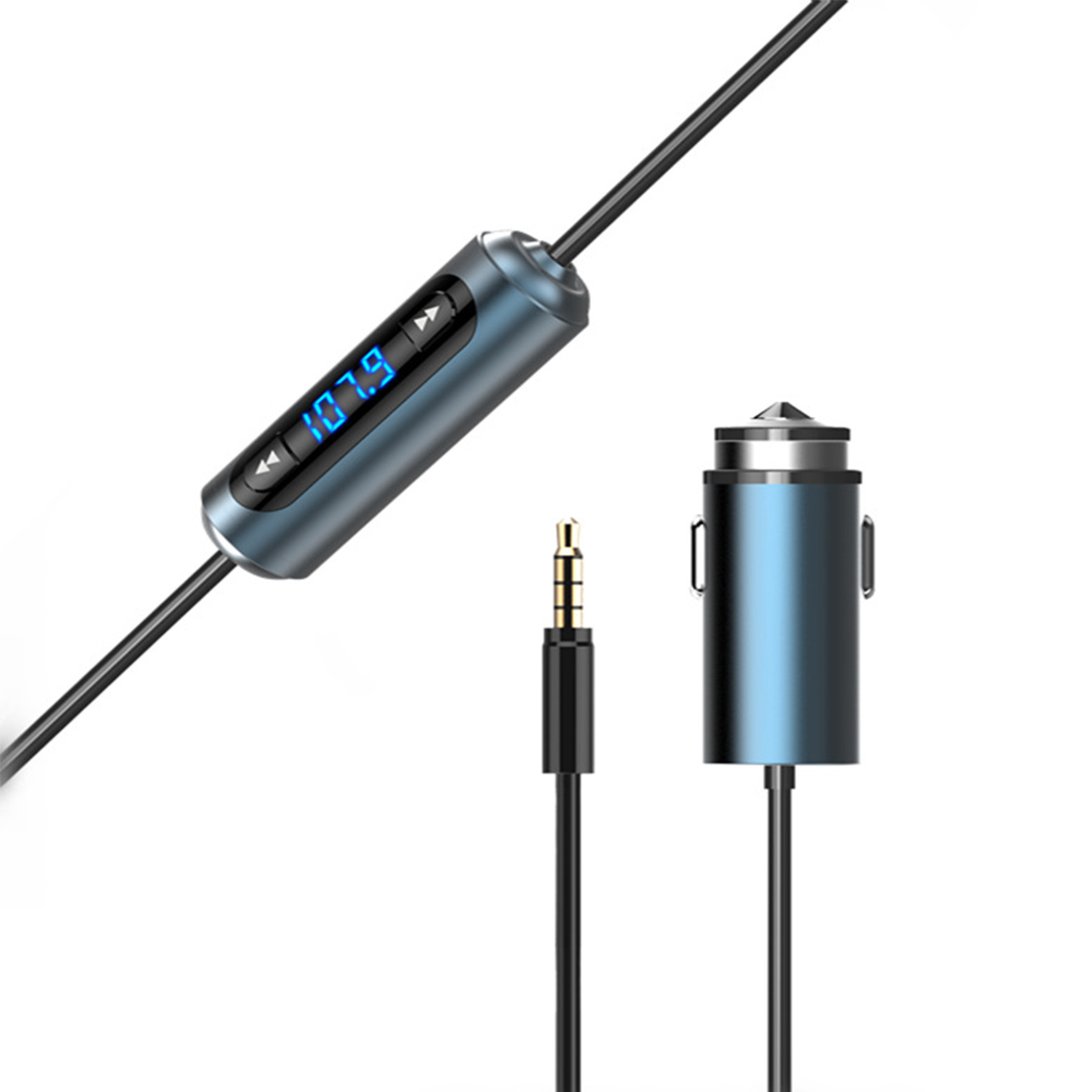 Blauer Autoadapter mit Display, Klinkenstecker und Kabel.