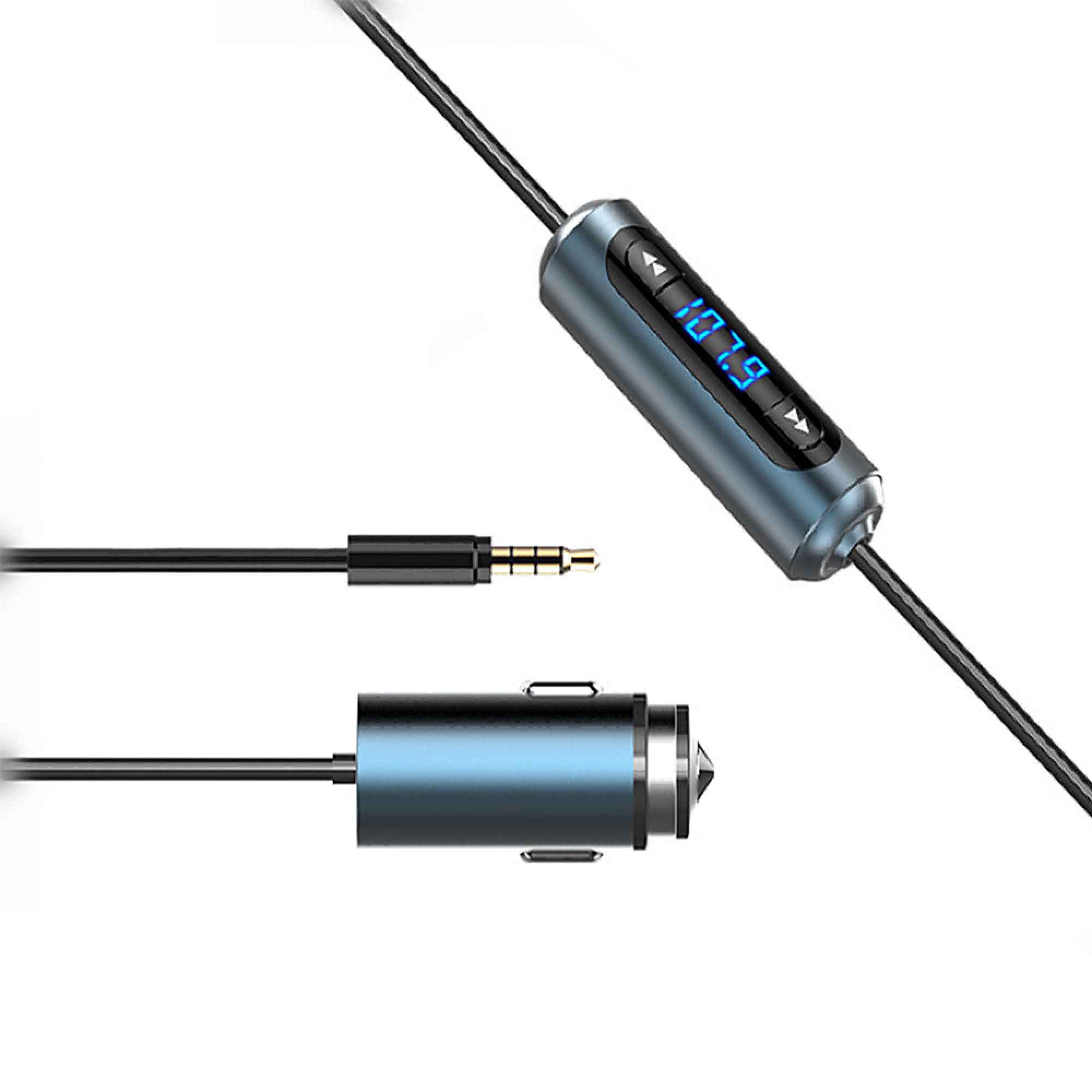 Grauer Bluetooth-FM-Transmitter mit digitalem Display, 3,5-mm-Klinkenstecker und Autoladekabel.