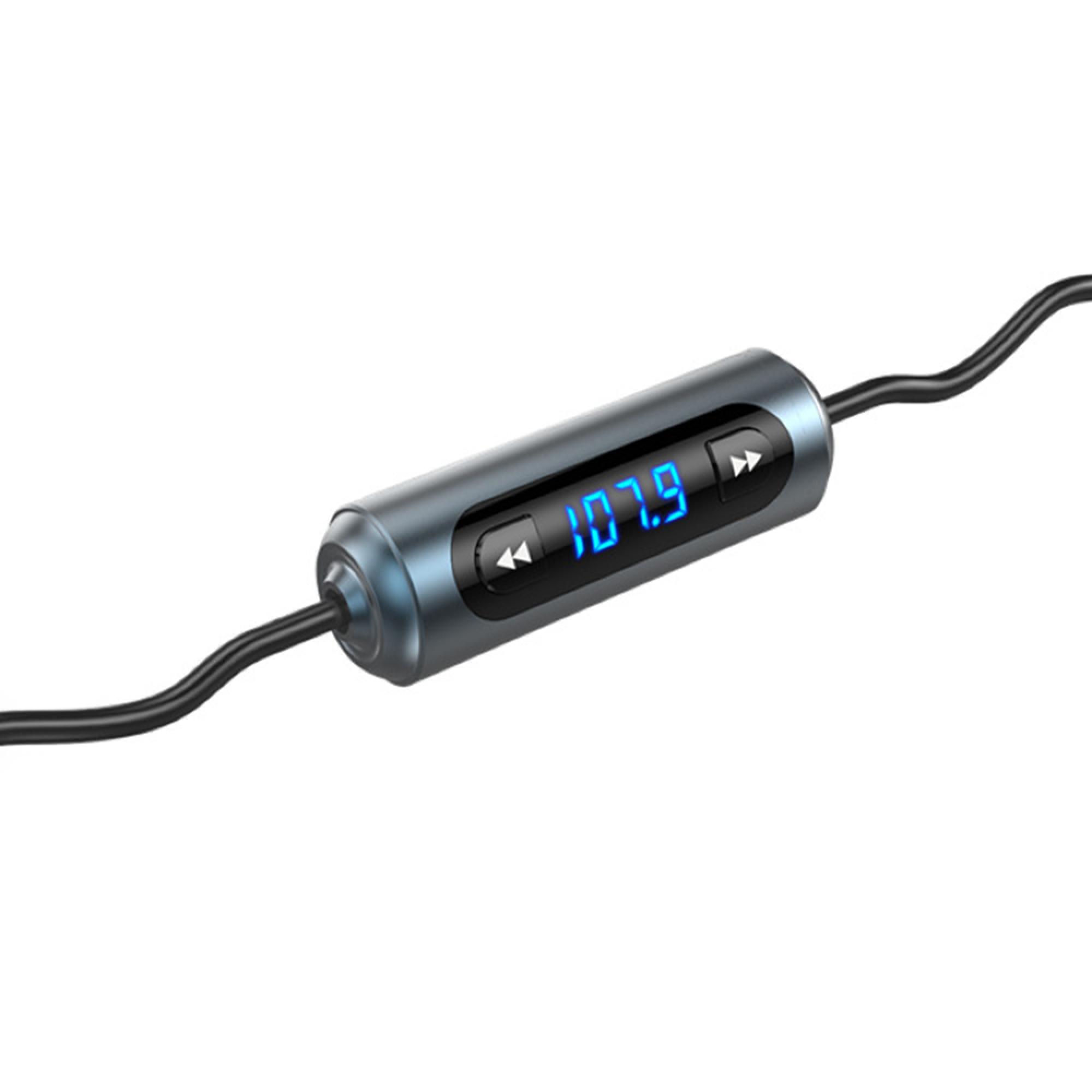 Eine zylindrische, metallische Inline-Steuereinheit mit blauem Digitaldisplay und schwarzen Tasten, verbunden mit schwarzen Kabeln.