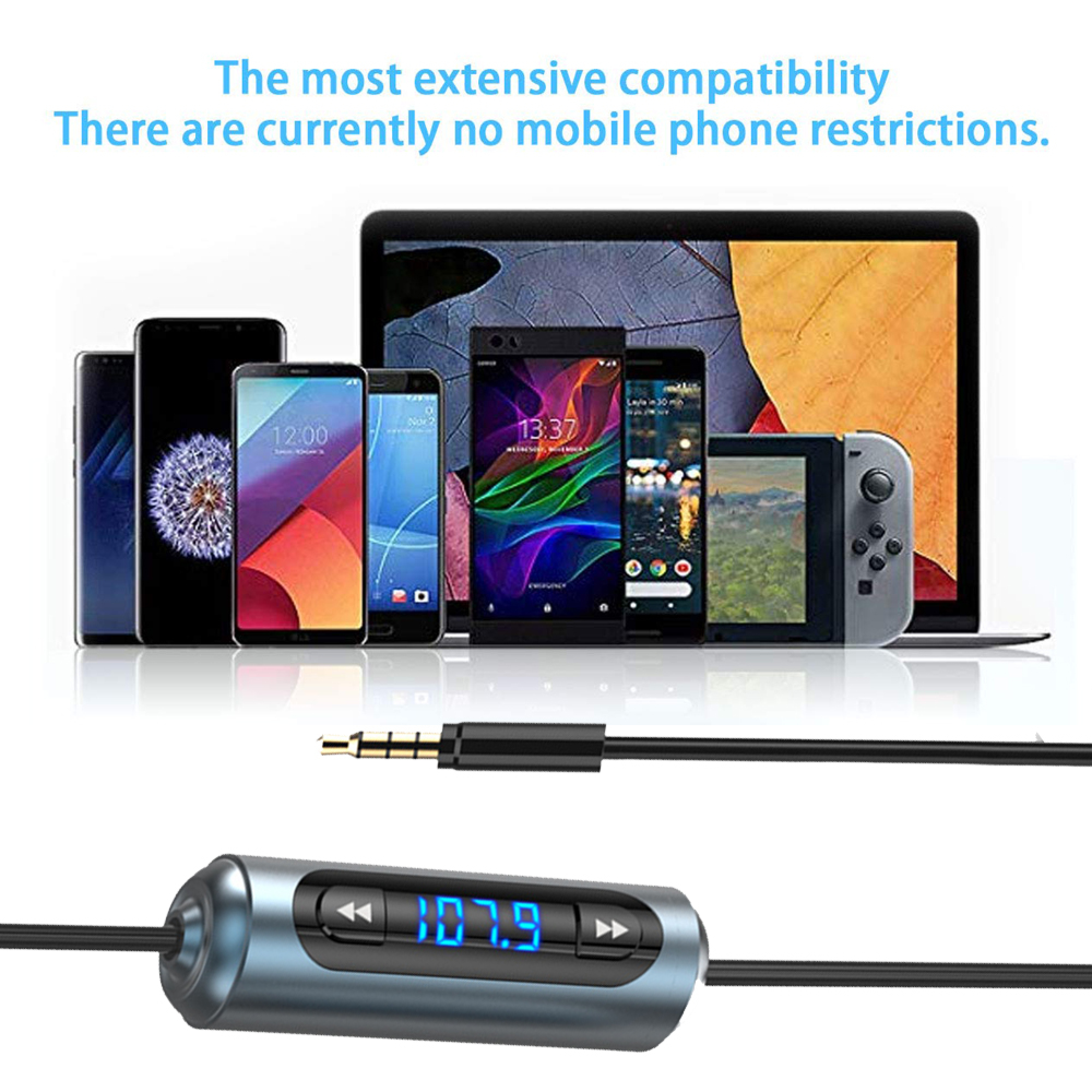 Verschiedene Smartphones und ein Audiokabel mit AUX-Stecker und silbernem Bedienfeld.