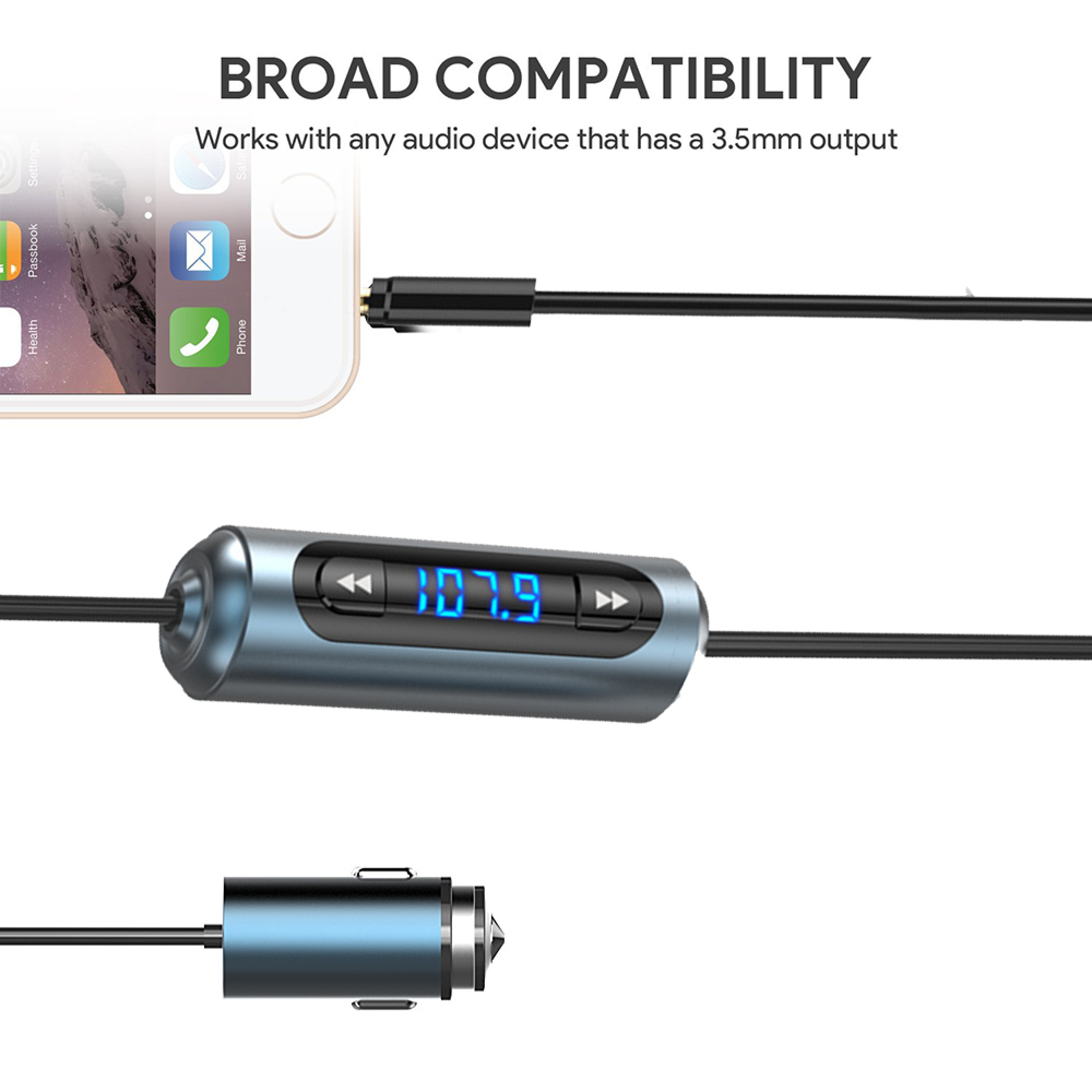Ein Audiokabel mit 3,5-mm-Klinke, digitalem Display und Autoladegerät für universelle Kompatibilität.