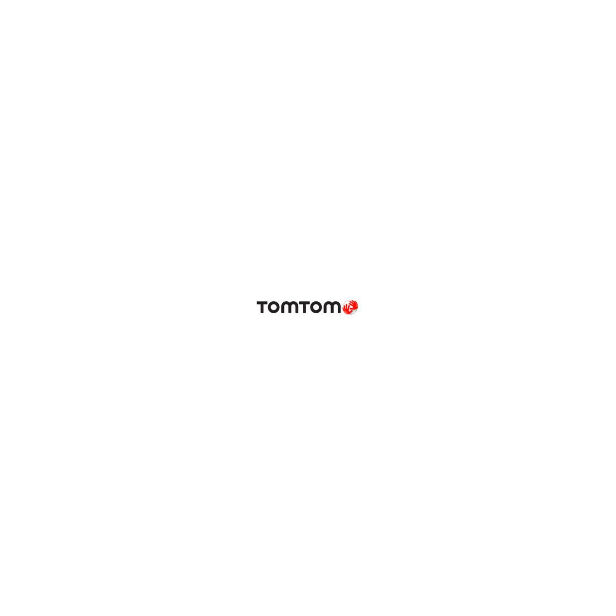 Das TomTom-Logo in schwarzer Schrift mit einer roten Handgrafik auf weißem Hintergrund.