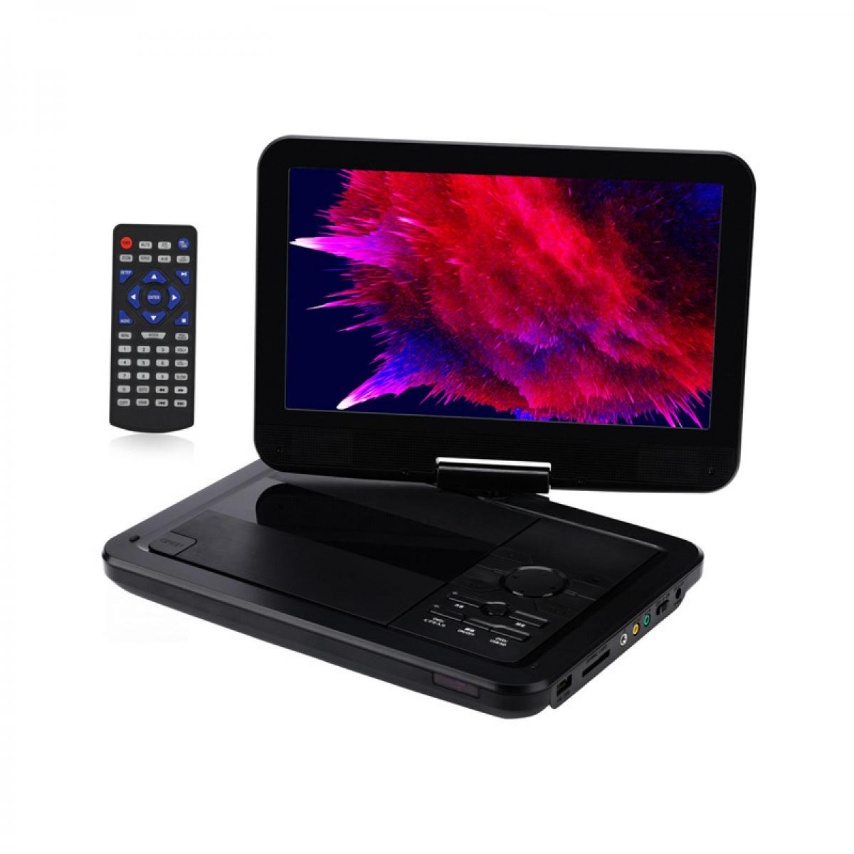 Ein tragbarer schwarzer DVD-Player mit Bildschirm und Fernbedienung auf weißem Hintergrund.