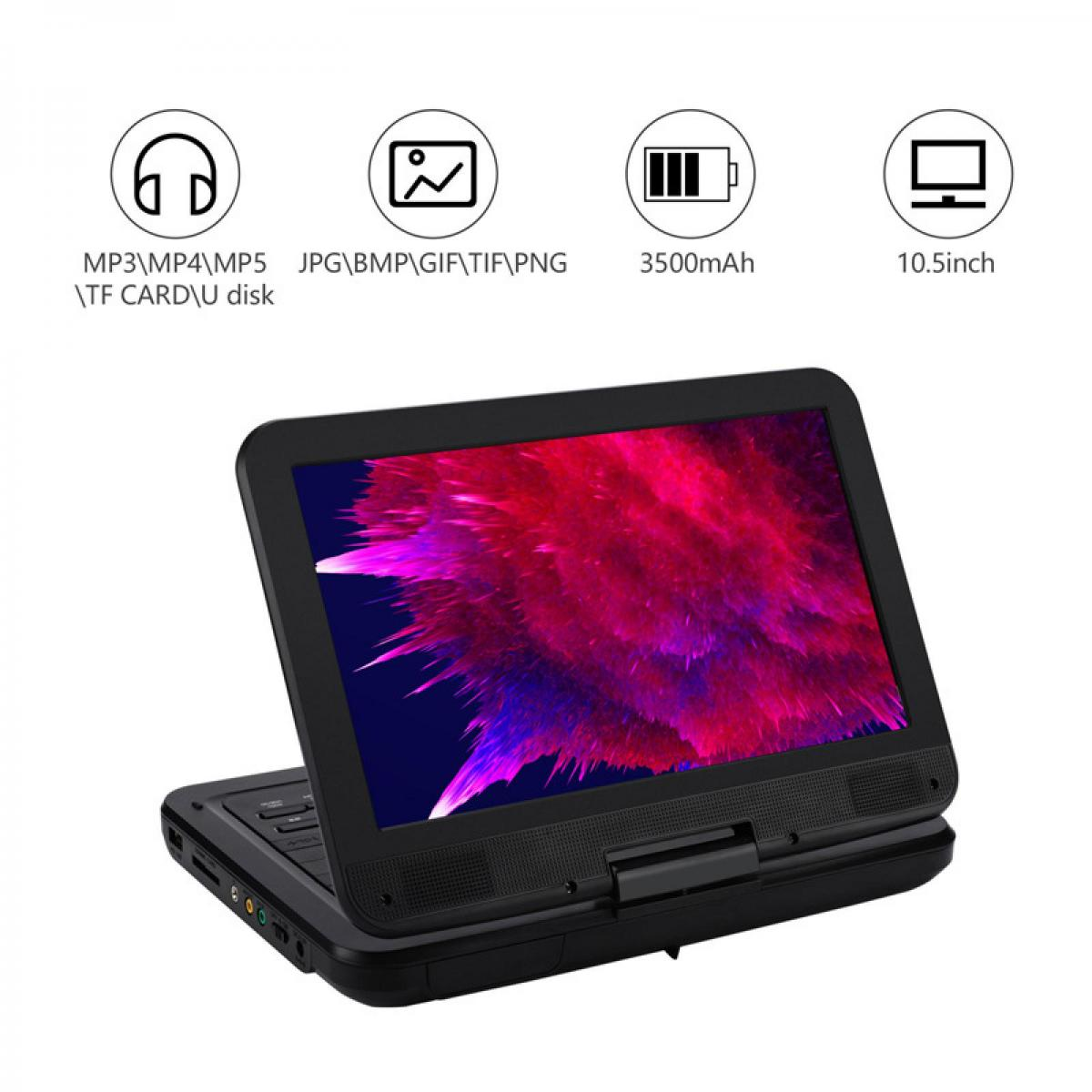 Ein tragbarer schwarzer DVD-Player mit einem farbigen Display und Icons für Funktionen oben.
