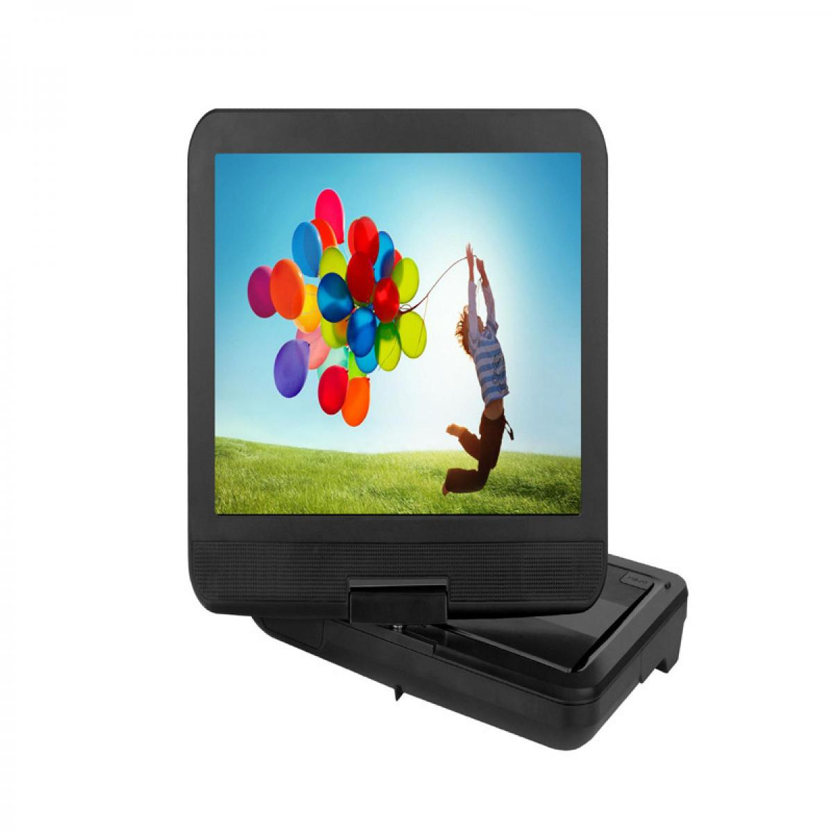 Ein tragbarer schwarzer DVD-Player zeigt ein Bild eines Kindes, das mit vielen bunten Luftballons springt.