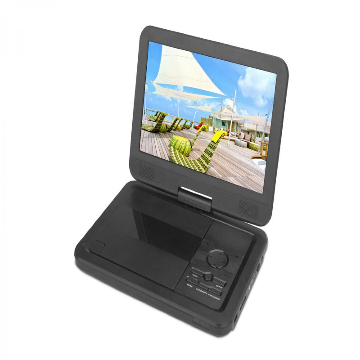 Ein tragbarer schwarzer DVD-Player zeigt ein Bild von Liegestühlen an einem sonnigen Strand.