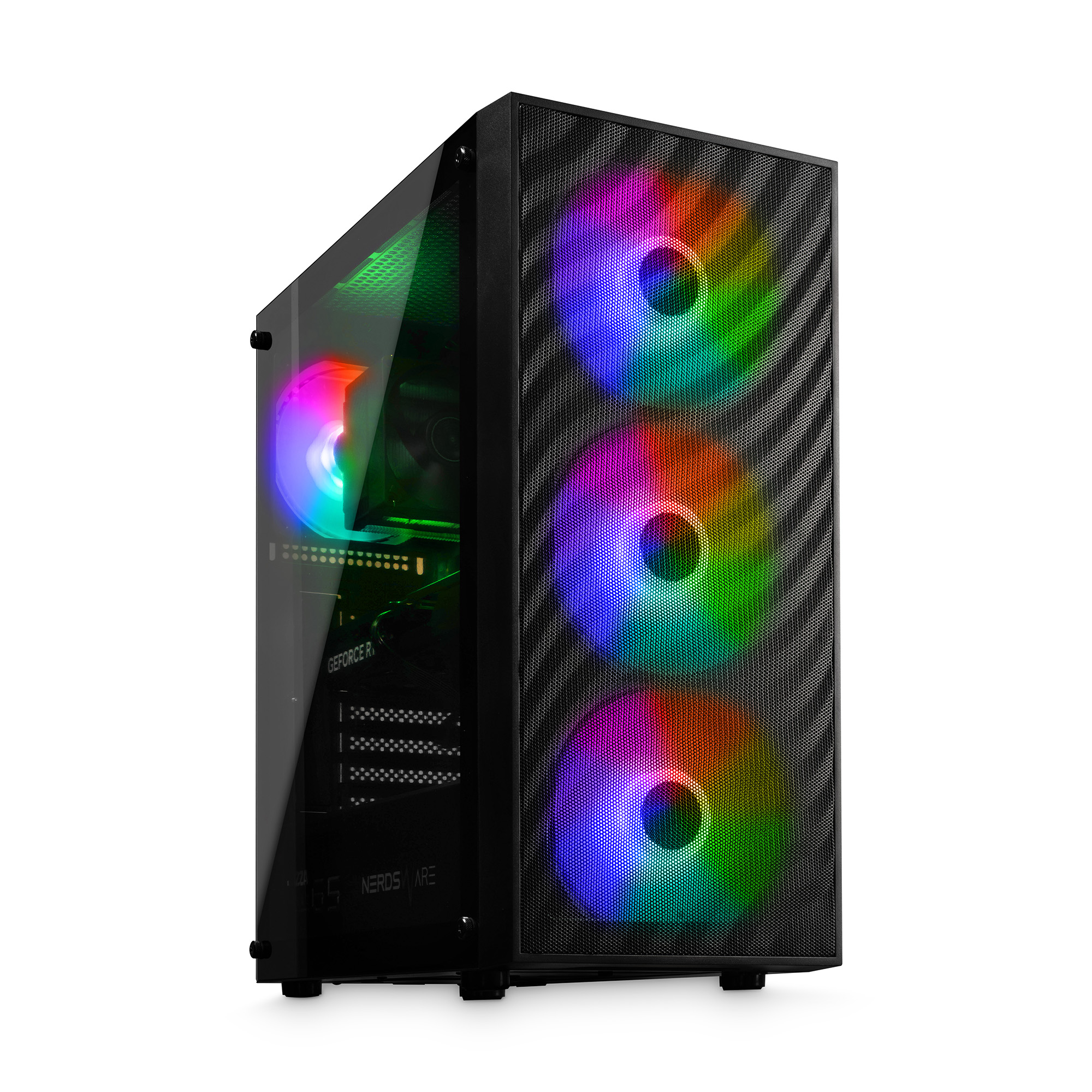 Una carcasa de PC gamer negra con panel frontal de malla, cristal lateral y tres ventiladores RGB.