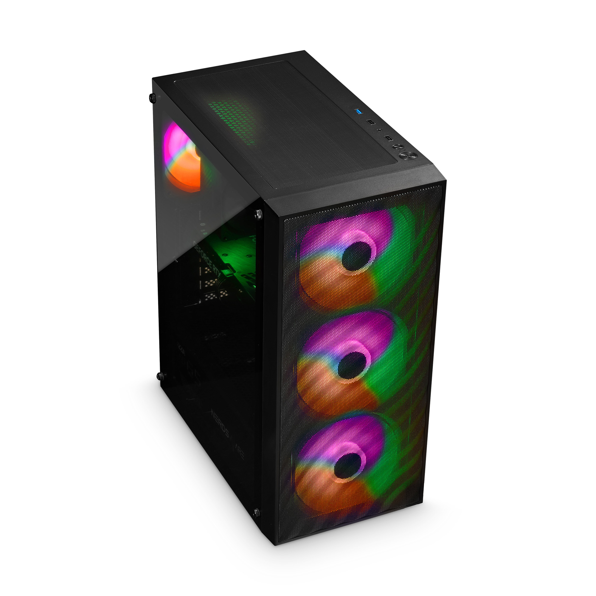 Un gabinete de PC negro con panel lateral de vidrio y malla frontal, con cuatro ventiladores RGB coloridos.