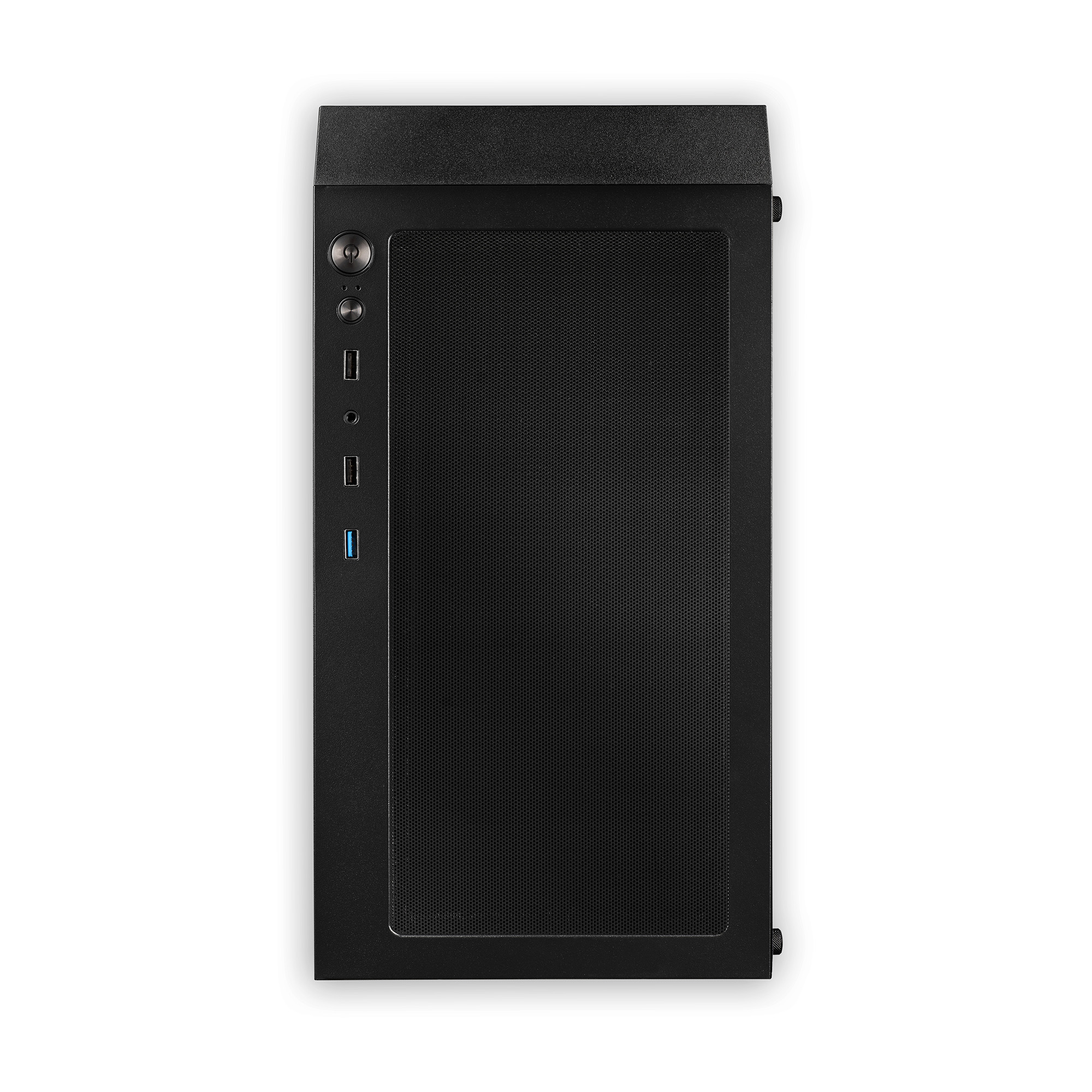 Vista frontal de una torre de PC negra con rejilla de malla, botón de encendido, puertos USB y conectores de audio.