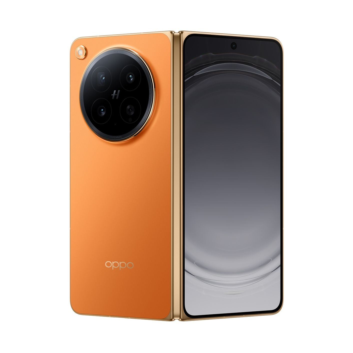 Ein orangefarbenes klappbares Smartphone mit einem großen runden Kameramodul auf der Rückseite.