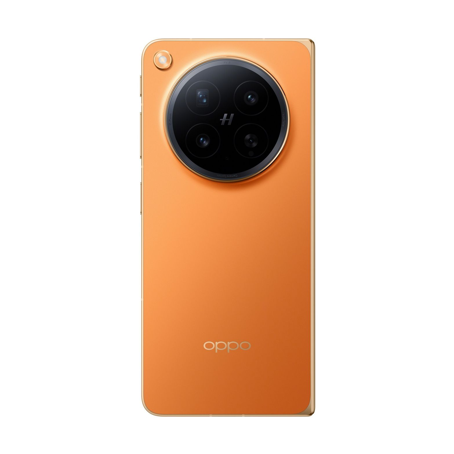 Rückseite eines orangen Smartphones mit einer großen runden Kamera und dem Oppo-Logo.
