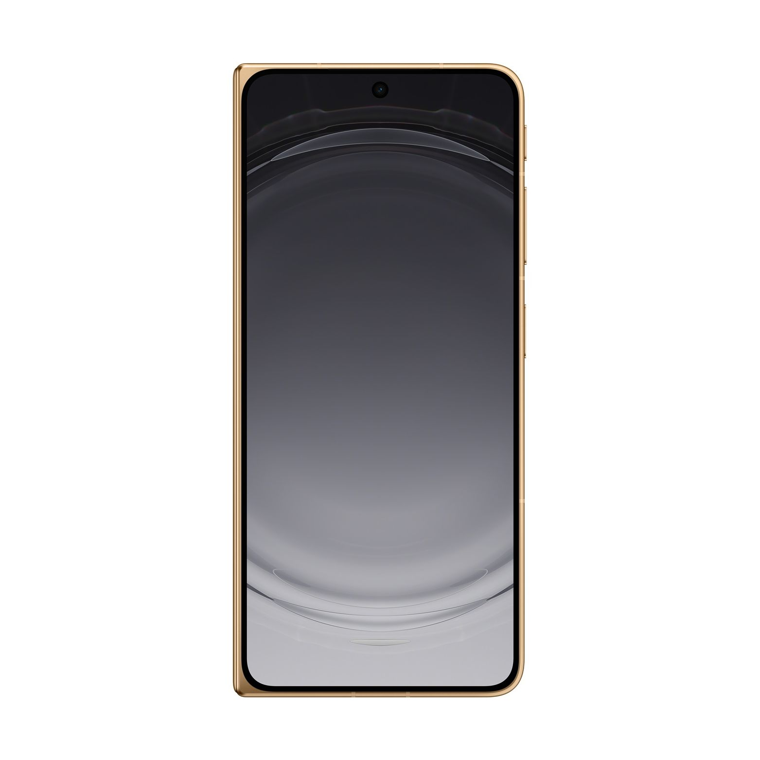 Goldenes Smartphone mit abgerundeten Ecken, Frontkamera und abstraktem Hintergrund auf dem Bildschirm.