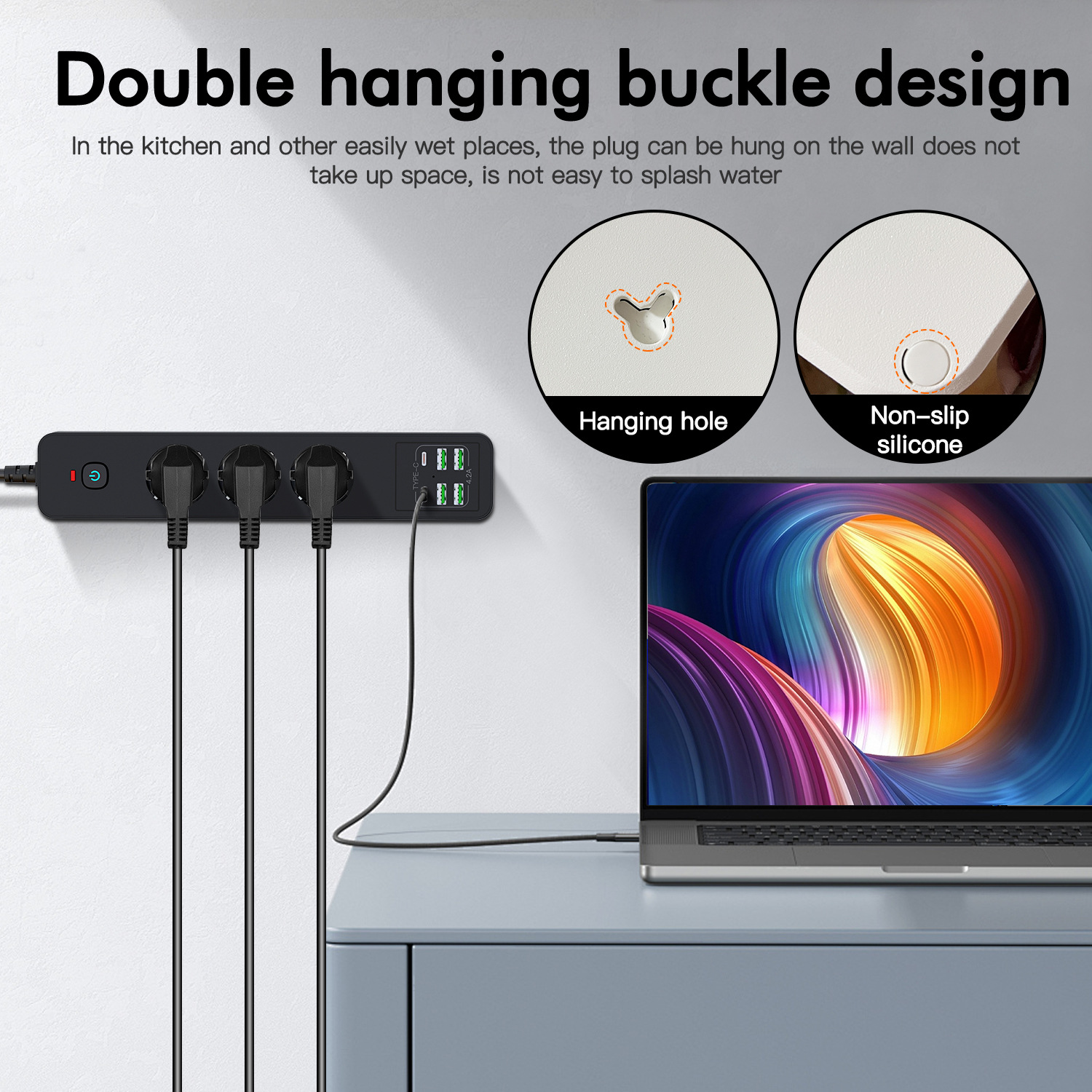 Schwarze Steckdosenleiste mit USB-Anschlüssen an der Wand, verbunden mit einem Laptop auf einem Tisch.