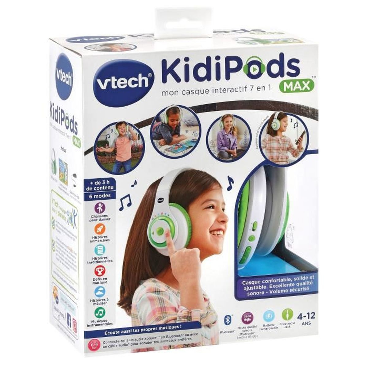 Produktverpackung von VTech KidiPods Max, interaktiven Kopfhörern für Kinder, mit abgebildeten Kindern.