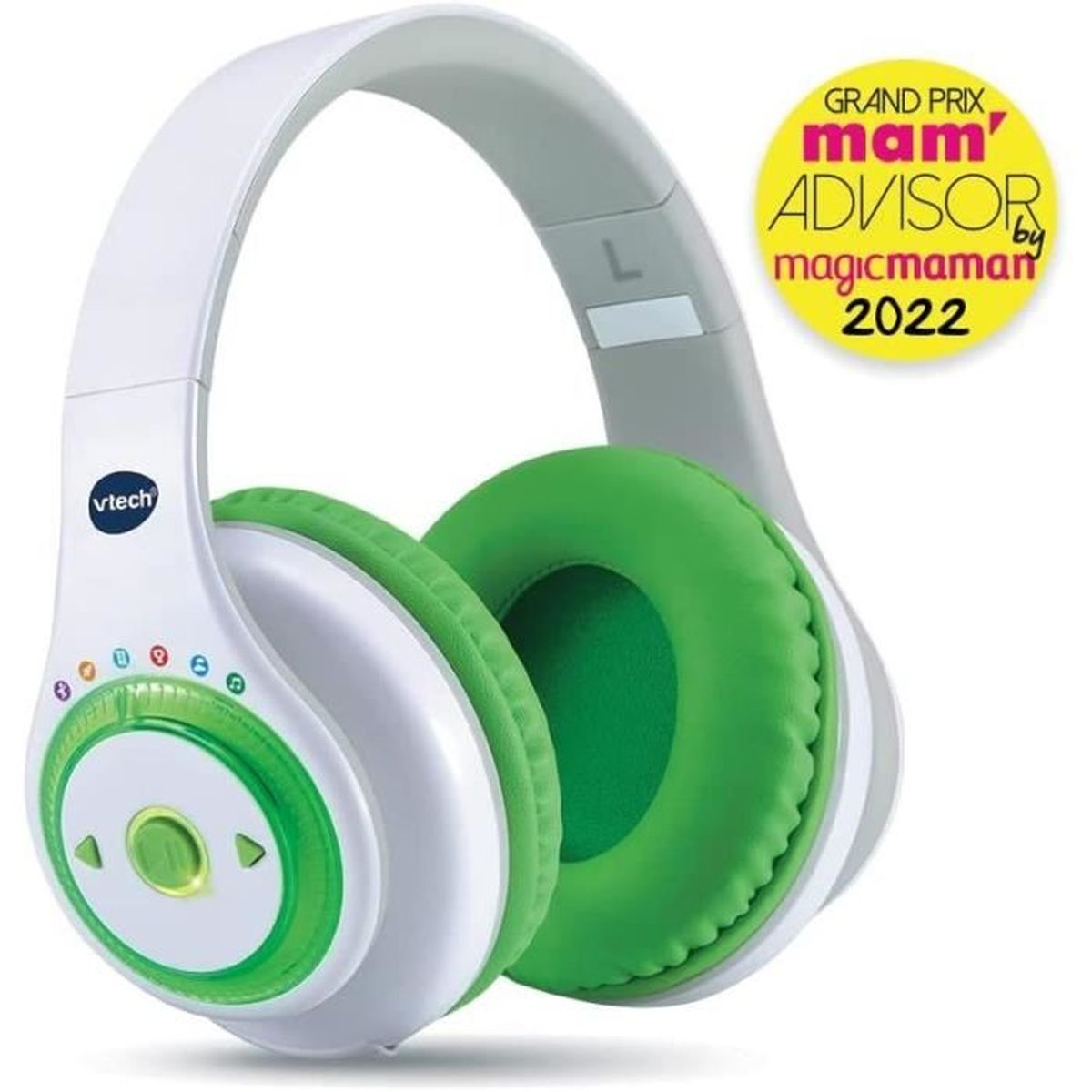 Weiße und grüne VTech Kinderkopfhörer mit weichen Ohrpolstern und einem runden Bedienfeld an der Seite vor weißem Hintergrund.