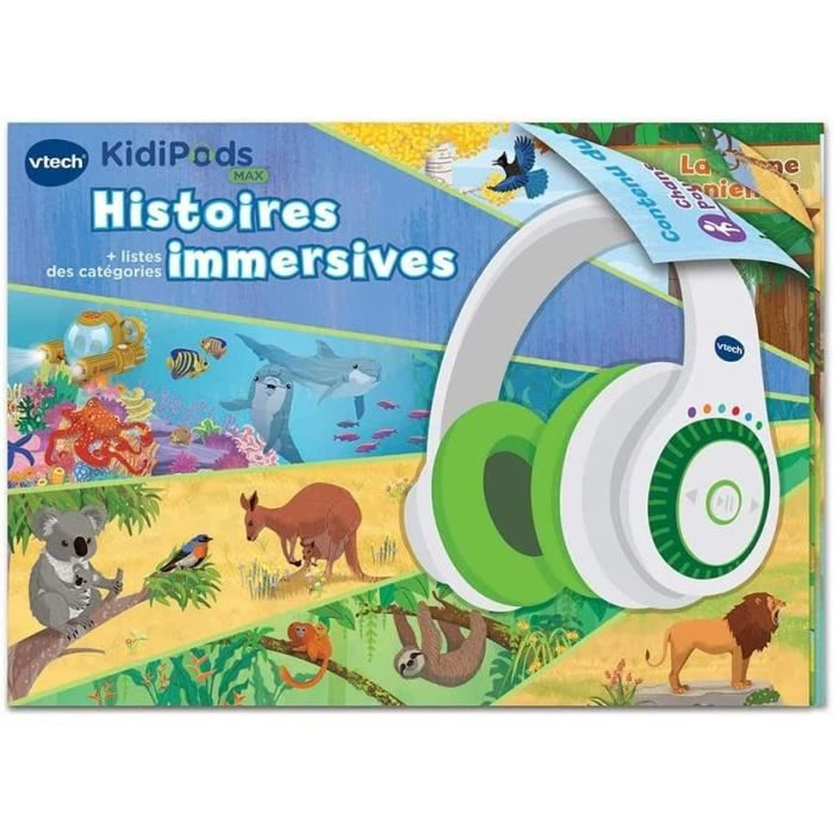 Verpackung von VTech KidiPods Max Kopfhörern mit Illustrationen von Meerestieren und Tieren wie Koala und Löwe.