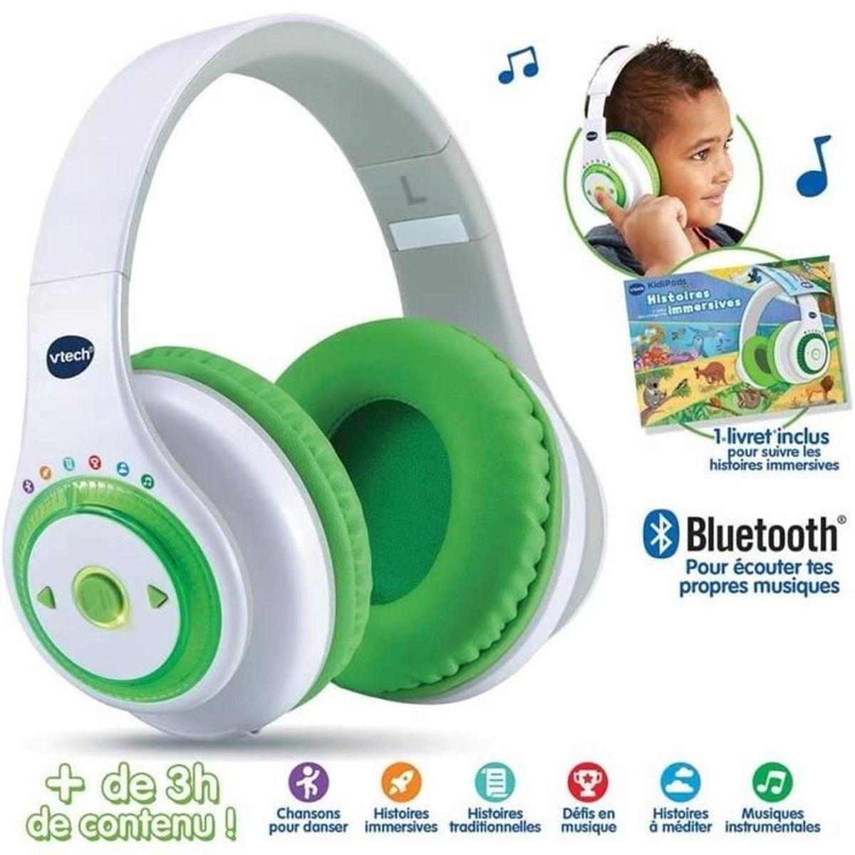 Weiße und grüne VTech Kinder-WLAN-Kopfhörer mit Bedienelementen, einem Kind und einem Bilderbuch.