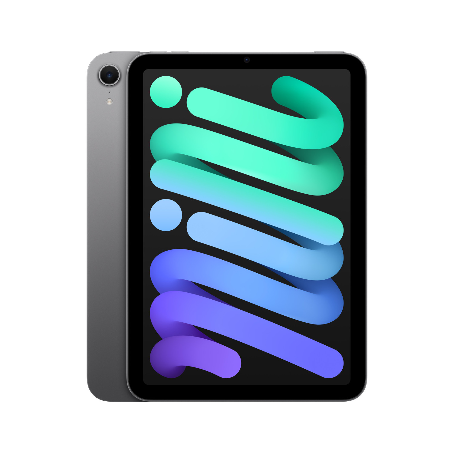 Due tablet mostrano le viste anteriore e posteriore, con un motivo a onde astratte e colorate sullo schermo e finitura grigia.