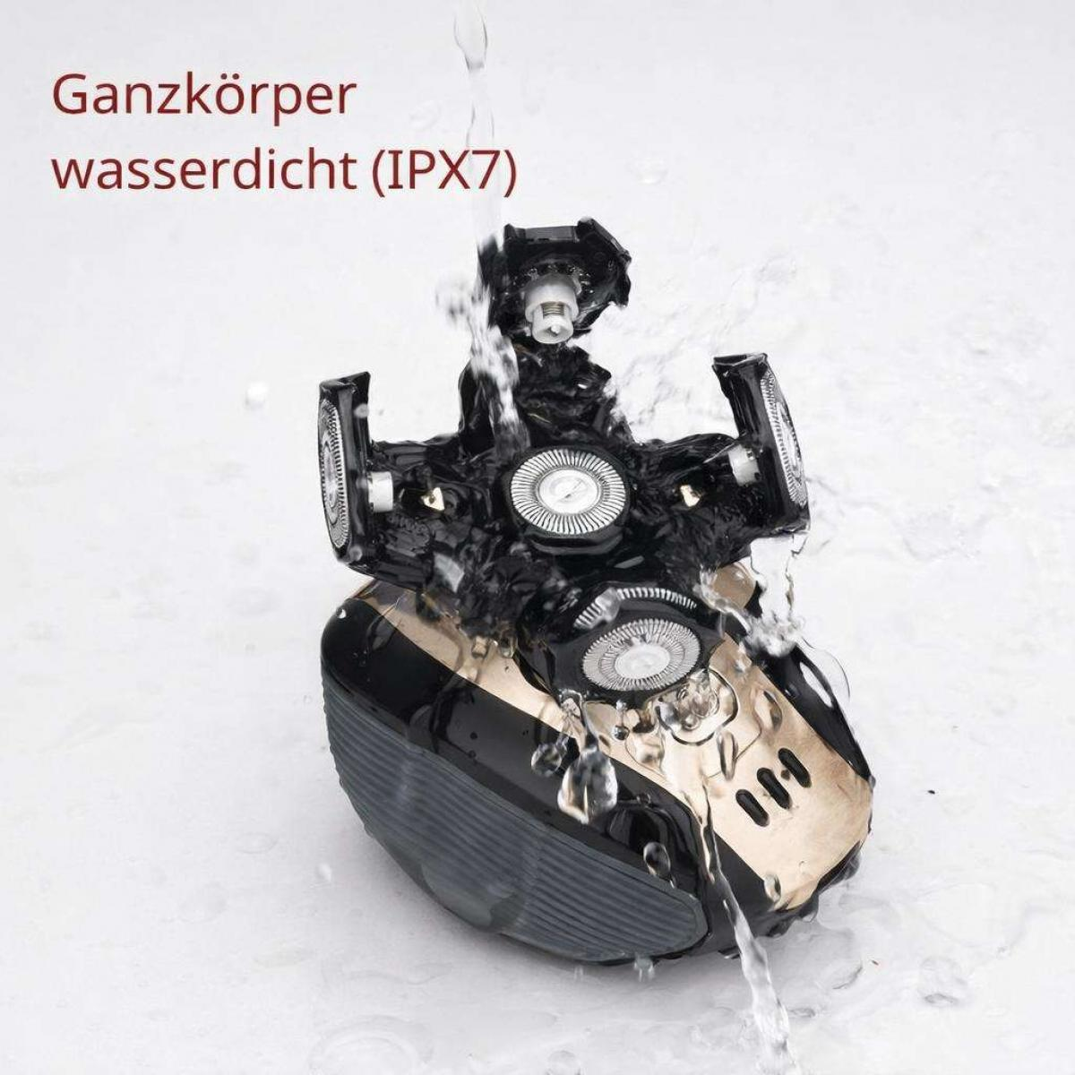 Ein elektrischer Rasierer wird mit Wasser besprüht, um seine Wasserdichtigkeit zu zeigen.