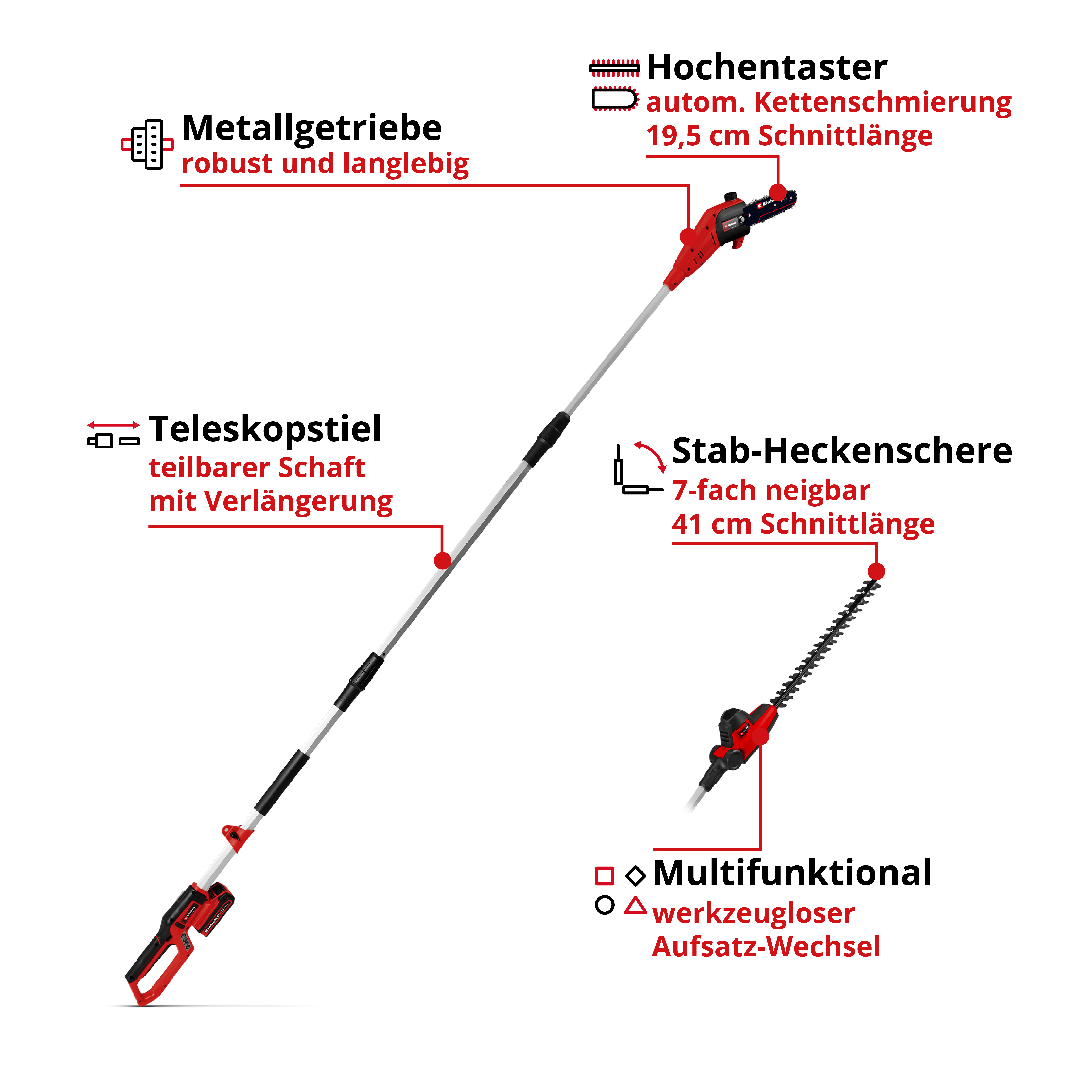 Akku-Multifunktionswerkzeug mit Teleskopstiel, Hochentaster- und Stab-Heckenscheren-Aufsatz.