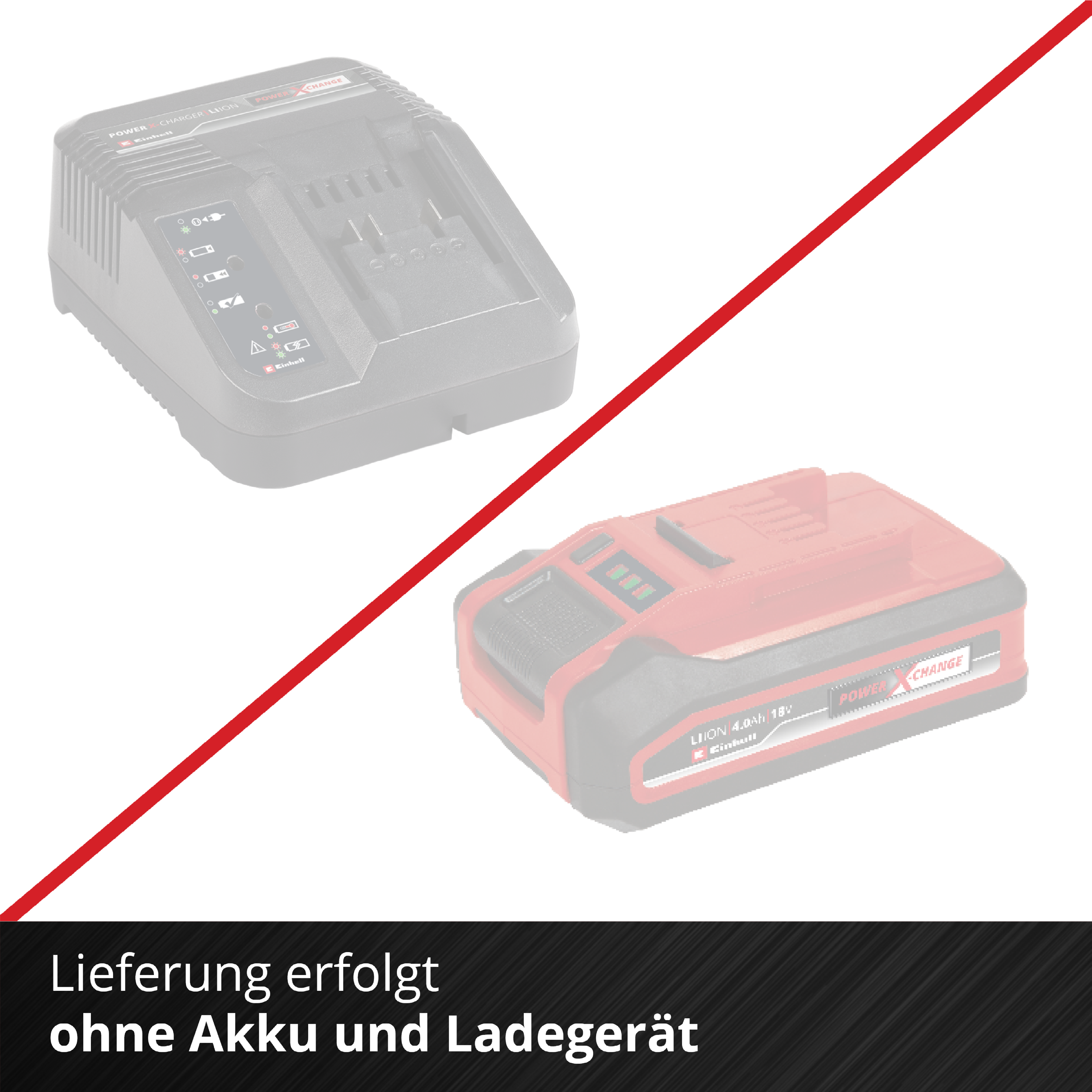 Ein schwarz-rotes Ladegerät und Akku mit roter Diagonallinie und deutschem Text am unteren Rand.
