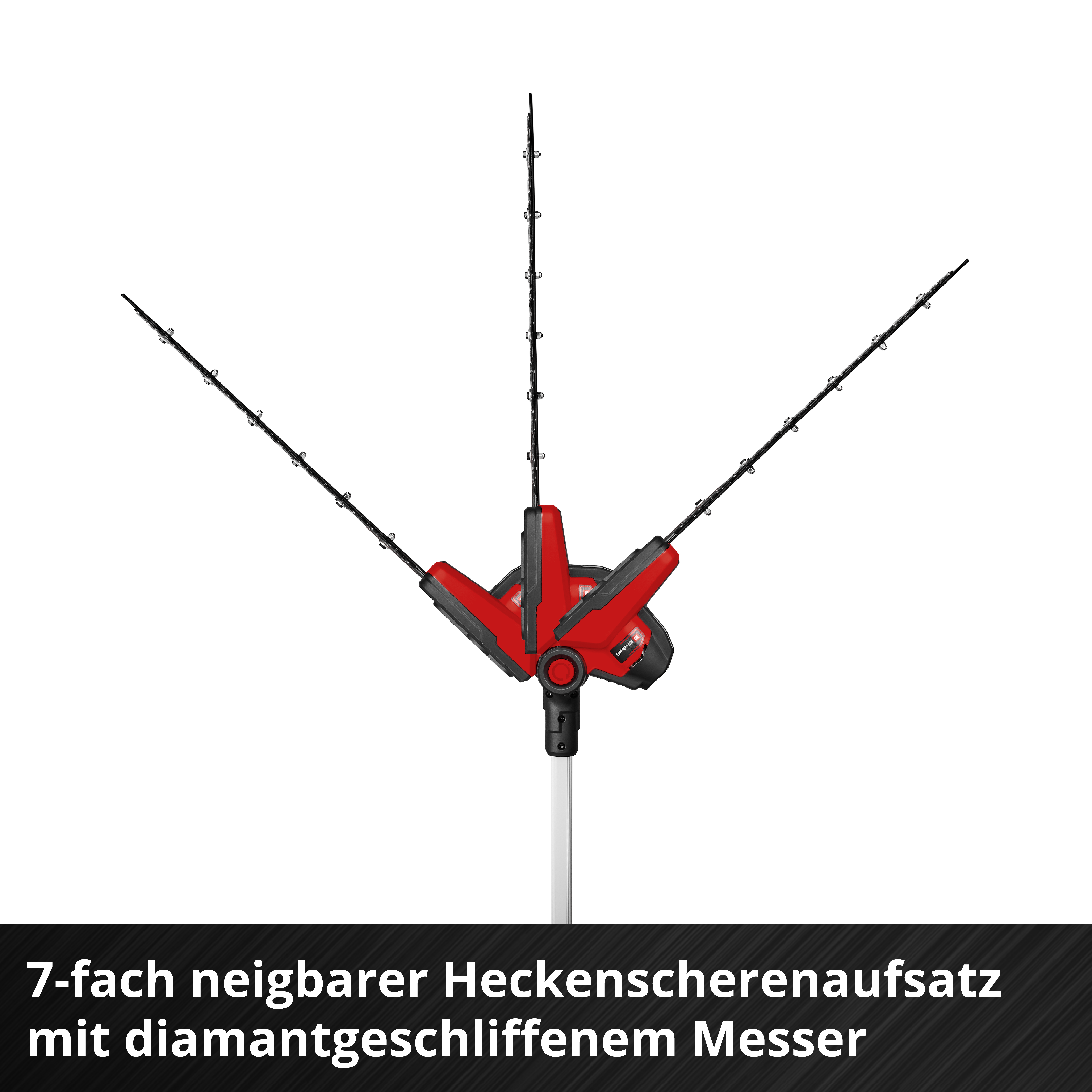 Rot-schwarzer Heckenscherenaufsatz mit drei verschiedenen Winkeln.