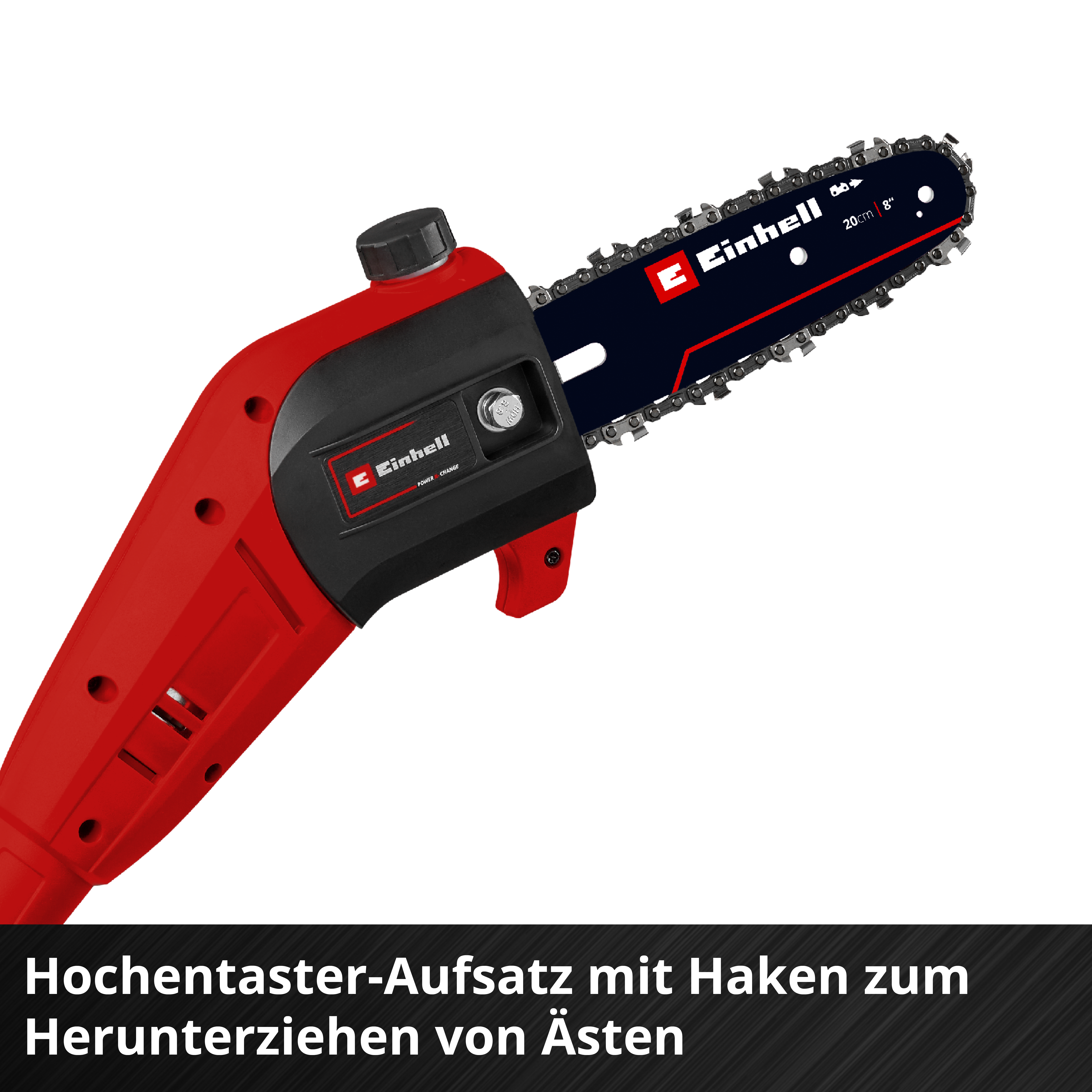 Roter Einhell-Hochentaster-Aufsatz mit einer 20 cm langen Kette gegen einen weißen Hintergrund.