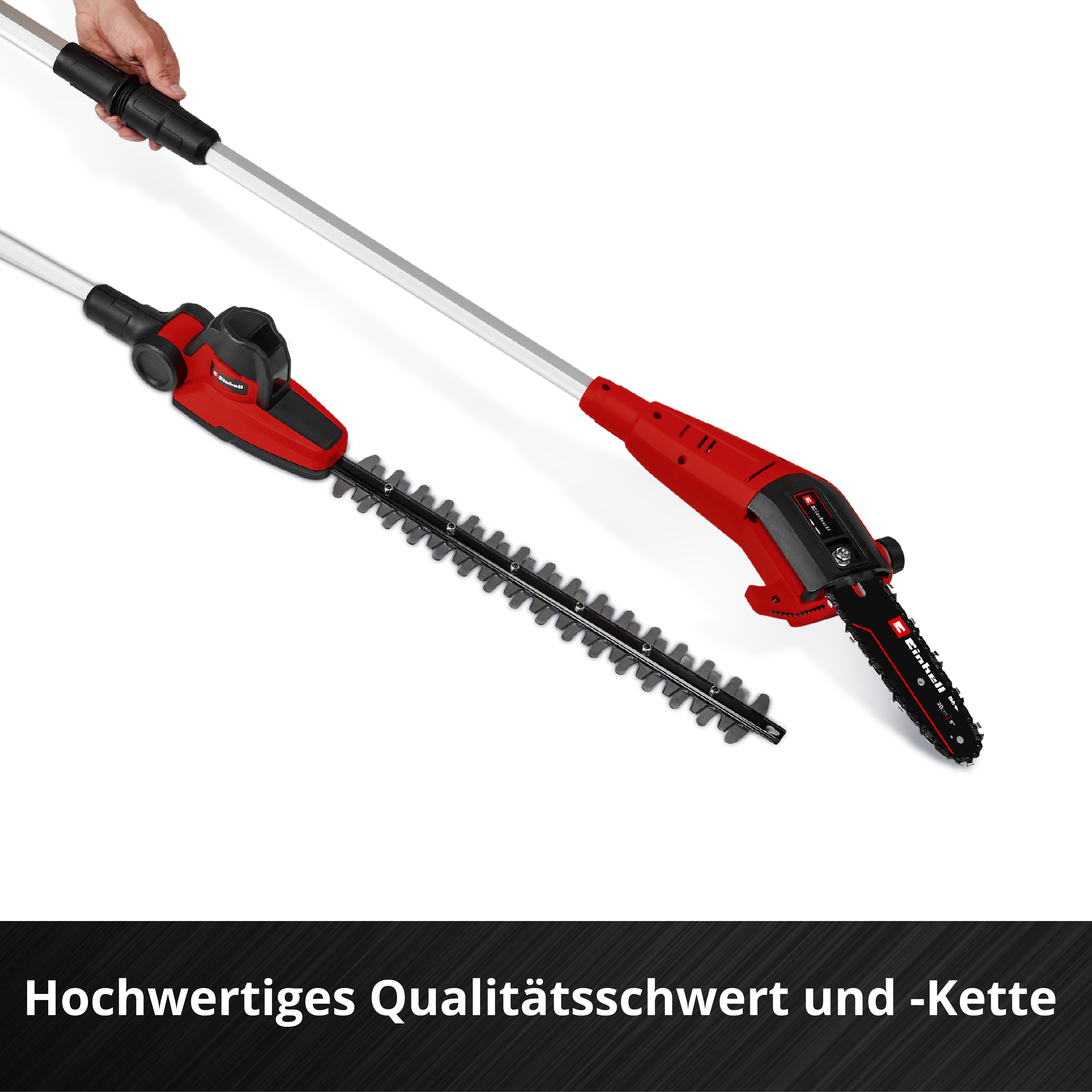 Ein roter Einhell Hochentaster und eine Heckenschere auf weißem Grund mit Text unten.