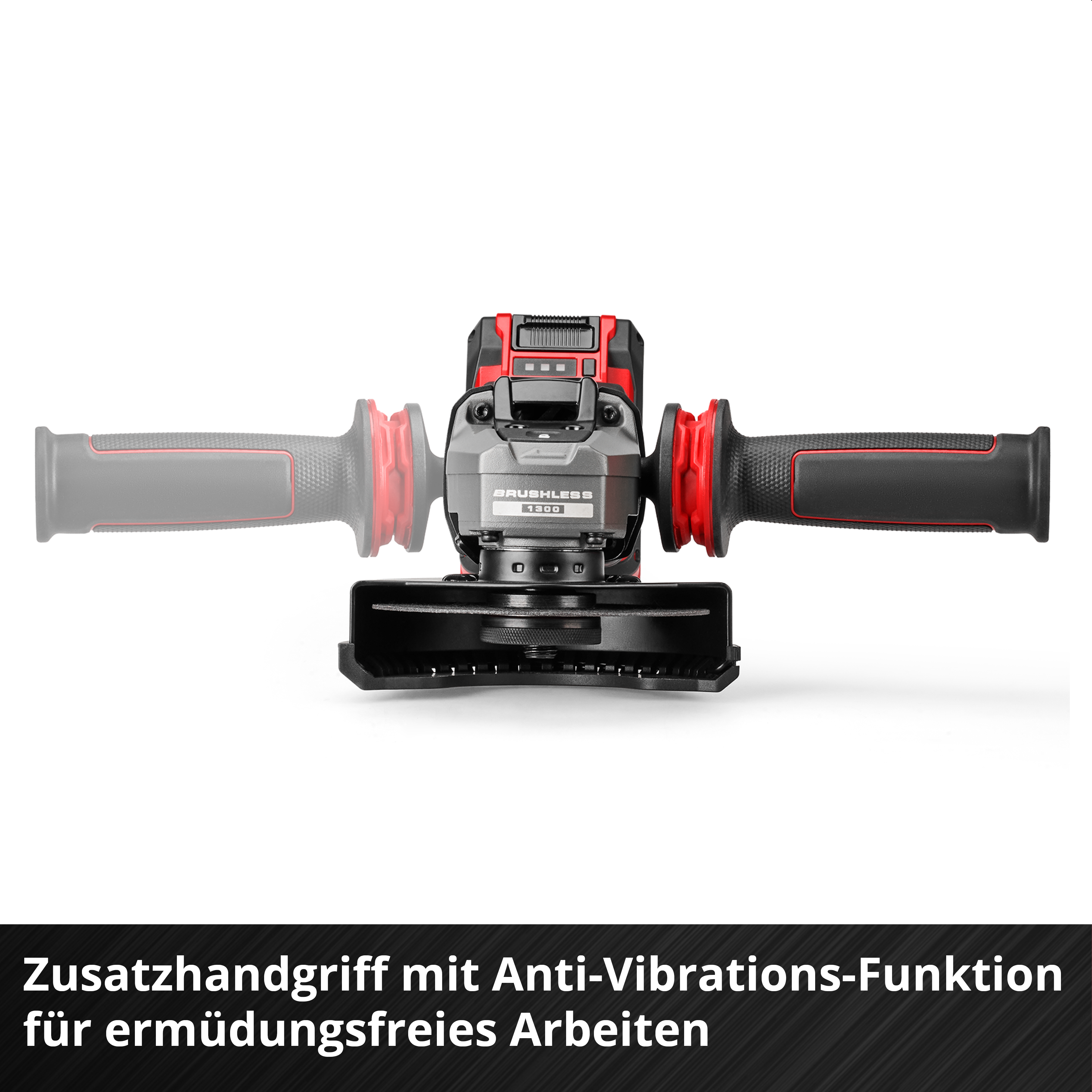 Winkelschleifer mit rotem und schwarzem Gehäuse auf weißem Grund und deutscher Text unten.