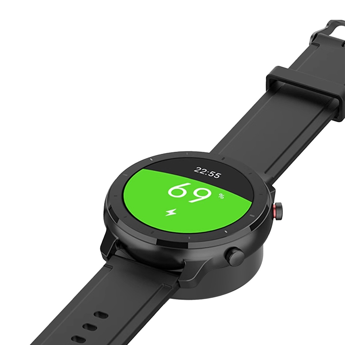 Eine schwarze Smartwatch mit rundem Zifferblatt, grünem Display mit 69% Akku und schwarzem Armband auf weißem Grund.