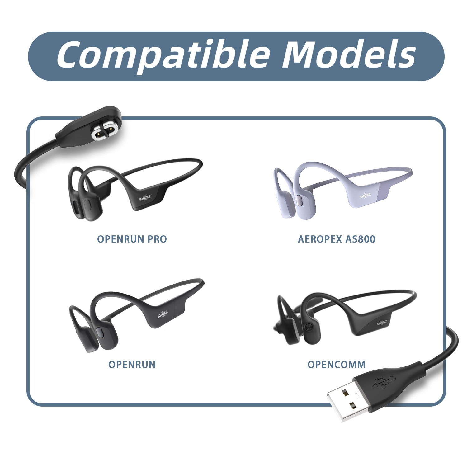 Kompatible Shokz-Kopfhörermodelle mit Ladekabeln.