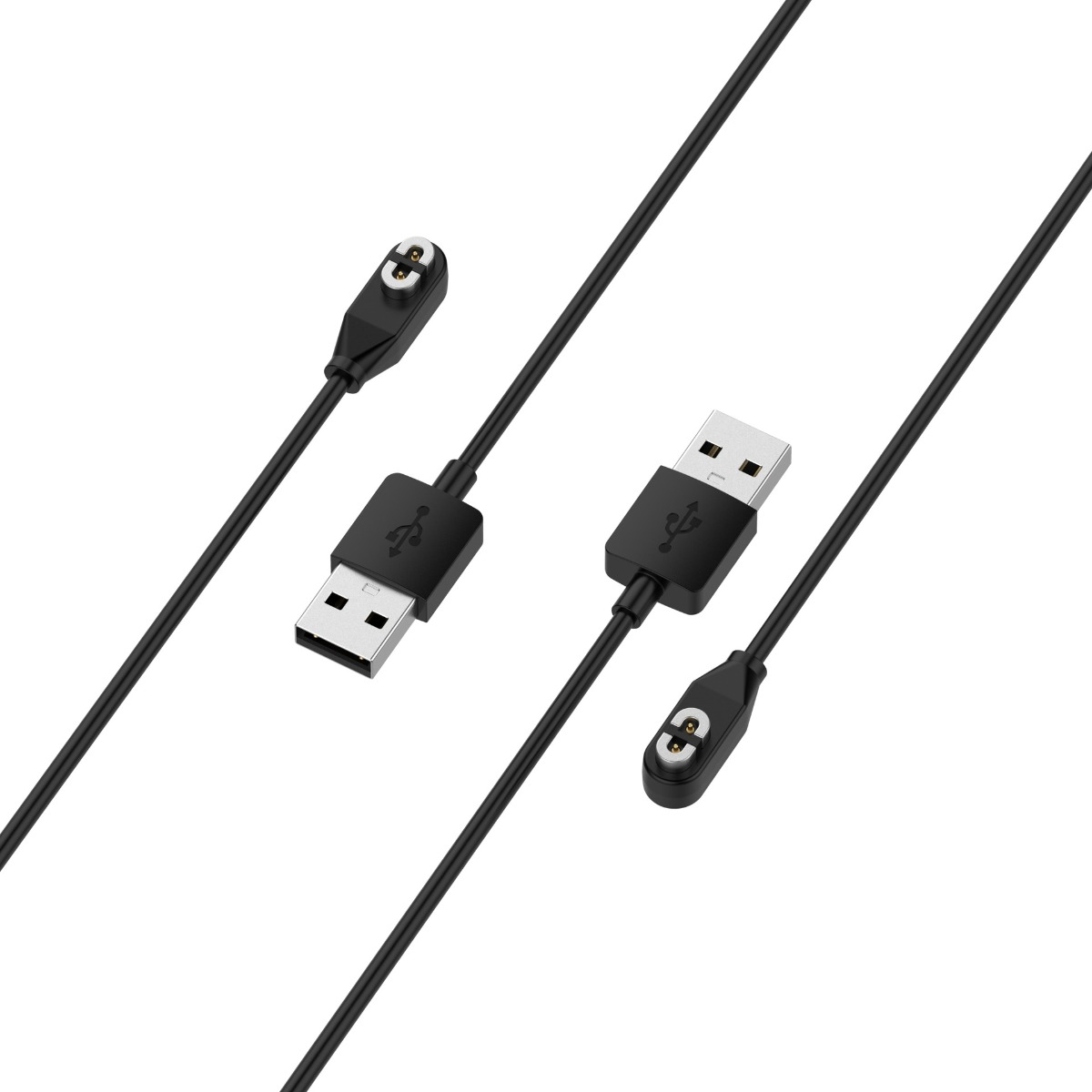 Zwei schwarze Ladekabel mit USB-A-Stecker an einem Ende und Magnetpins am anderen vor weißem Hintergrund.