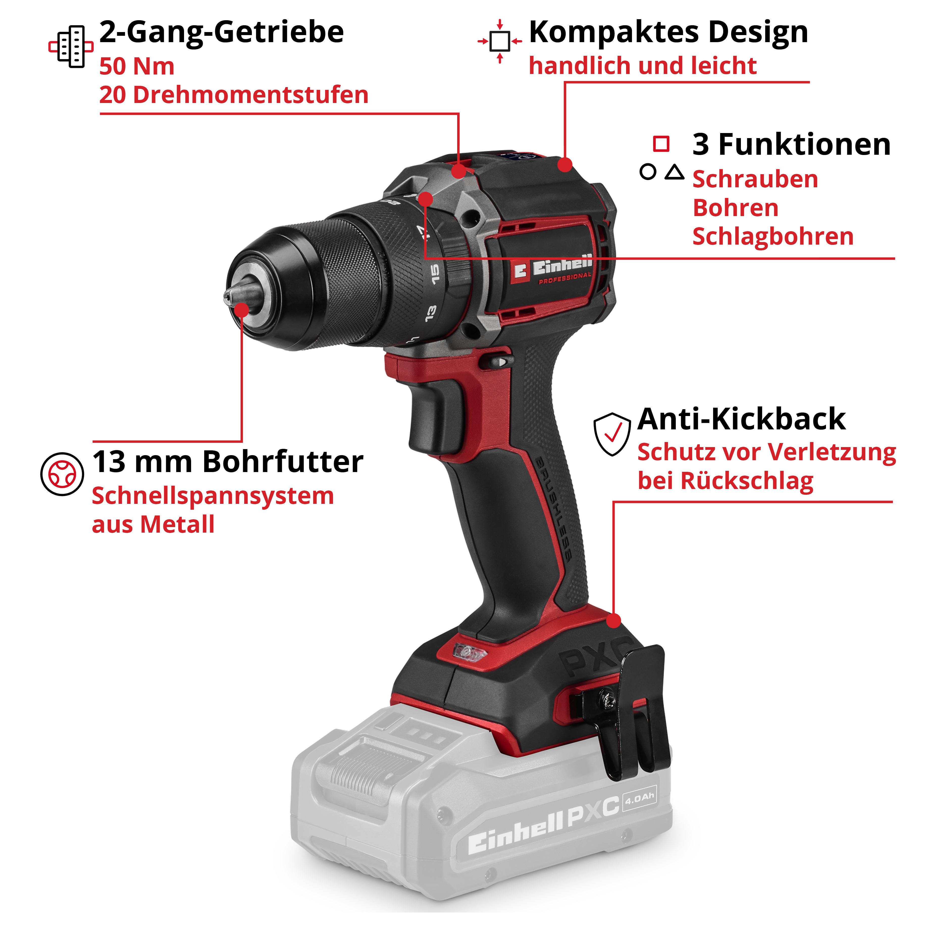 Trapano a percussione cordless Einhell con corpo rosso e batteria PXC, dotato di specifiche tecniche.