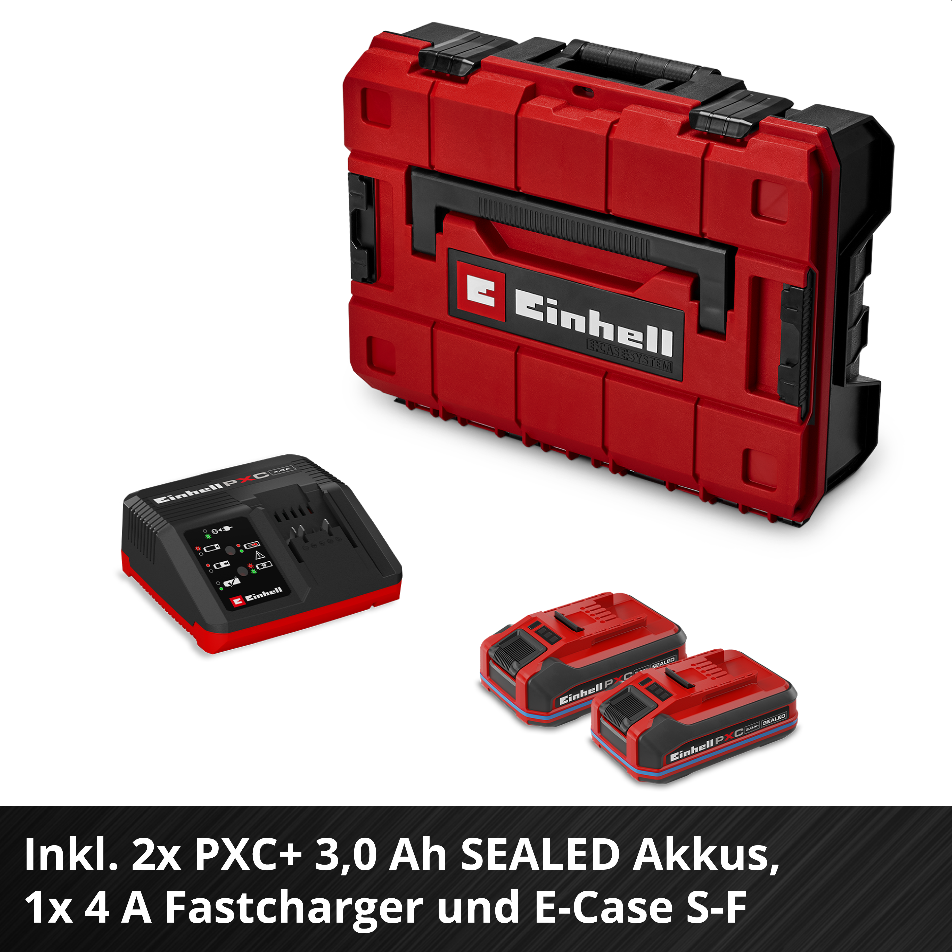 Valigetta per attrezzi Einhell con due batterie rosse e un caricabatterie rapido su sfondo bianco.