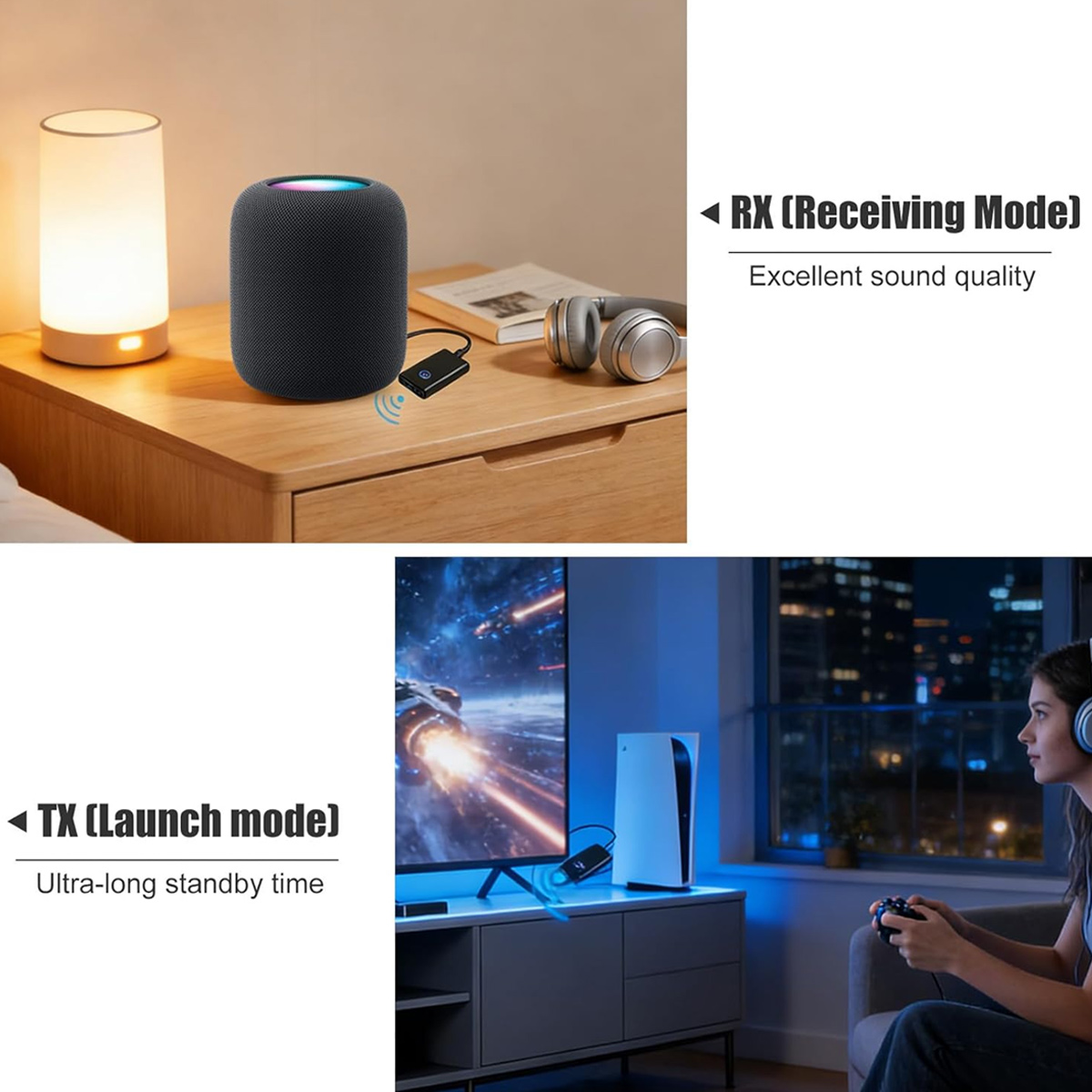 Ein Bild mit zwei Szenen zeigt einen kabellosen Empfänger und Sender für Audio- und Gaming-Setups.