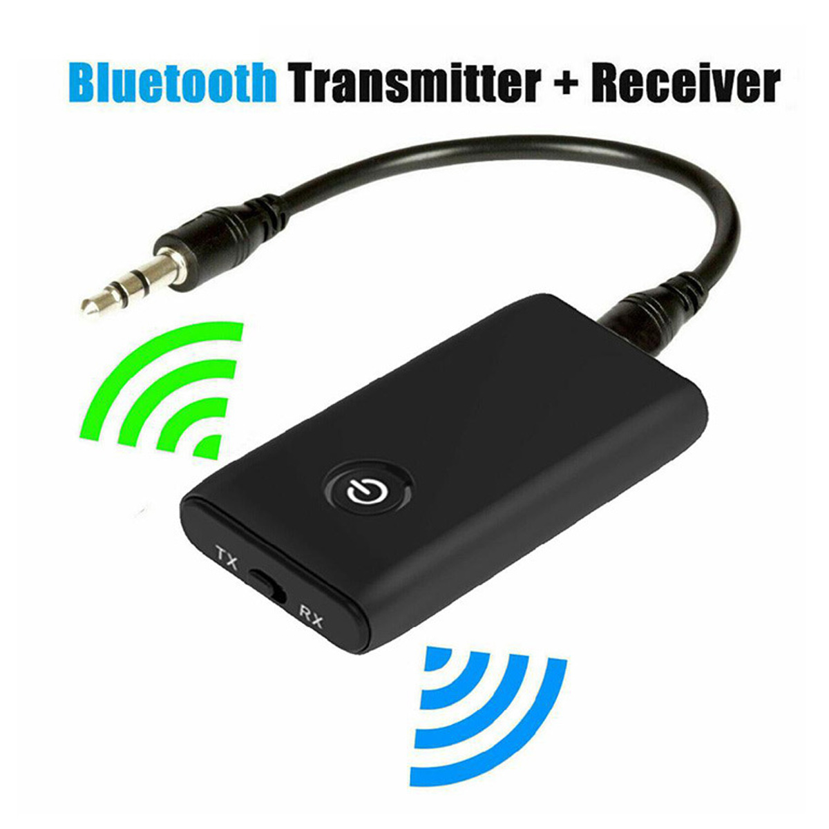 Ein schwarzer Bluetooth Sender und Empfänger mit 3,5mm Klinkenstecker, Ein/Aus-Taste und Signal-Symbolen.