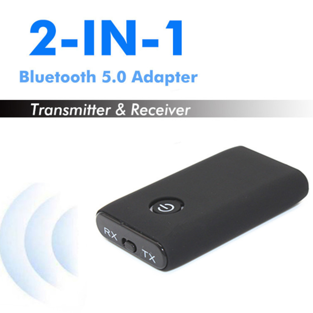 Ein schwarzer 2-in-1 Bluetooth 5.0 Adapter mit RX- und TX-Schalter.