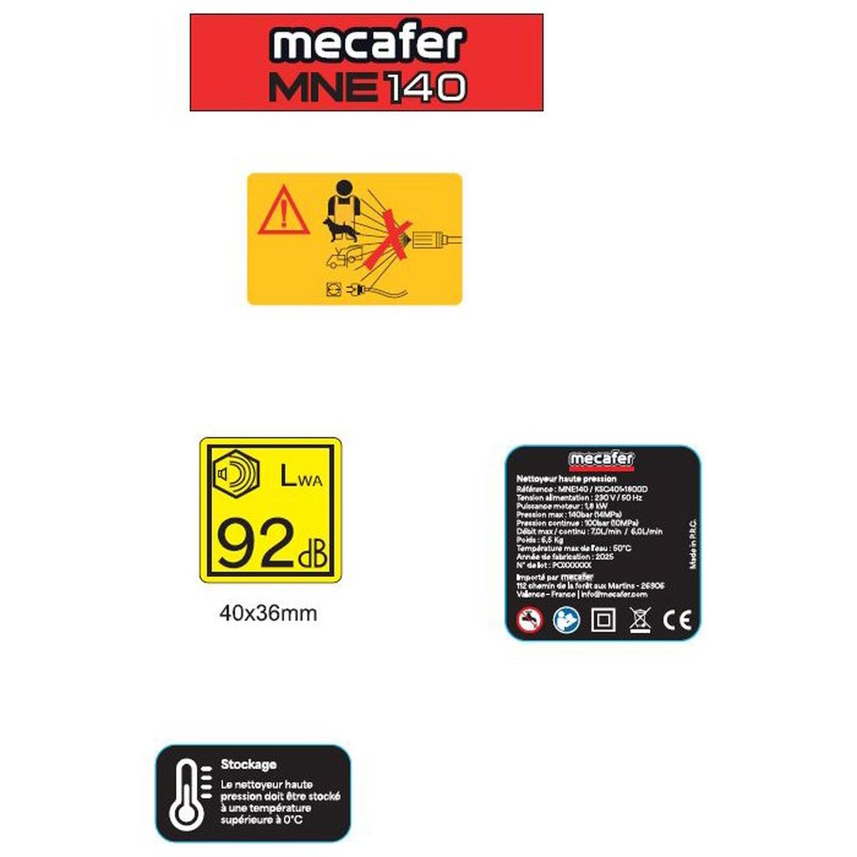 Mecafer MNE 140 Etiketten mit Warnungen, 92 dB Schallpegel und Produktspezifikationen.