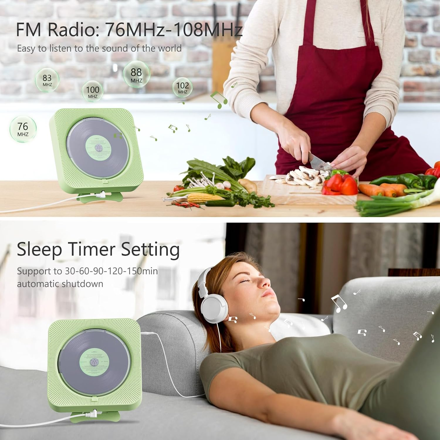 Grüner CD-Player auf Holztisch in Küche und Frau mit Kopfhörern auf Sofa.