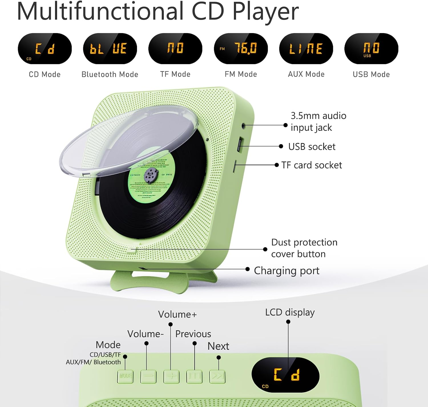 Ein hellgrüner multifunktionaler CD-Player mit verschiedenen Modus-Anzeigen, Tasten, Anschlüssen und Schutzabdeckung.